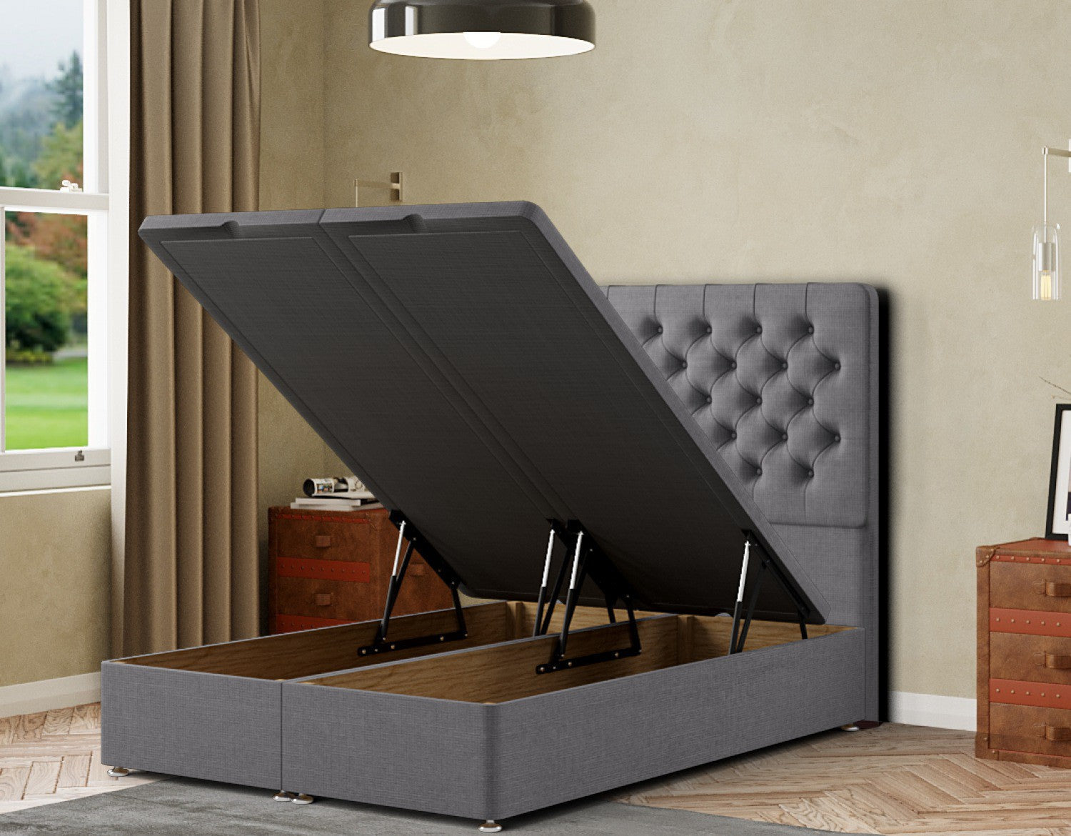 Winchester Ottoman Bed Floor Standing Headboard Matching Buttons Linen ...