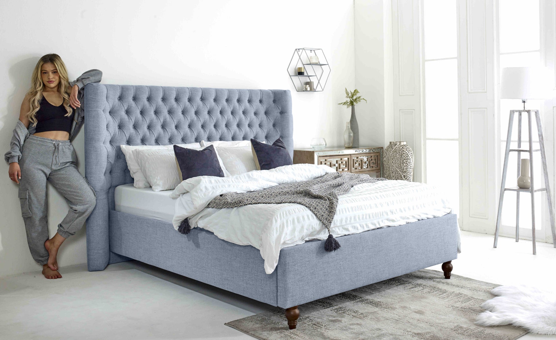 Dinah Grampian Fabric Matching Buttons Bed Frame