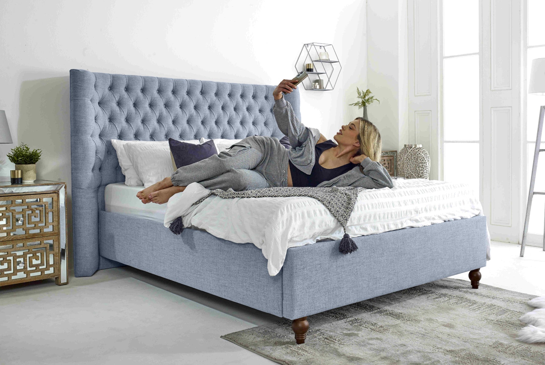 Dinah Grampian Fabric Matching Buttons Bed Frame