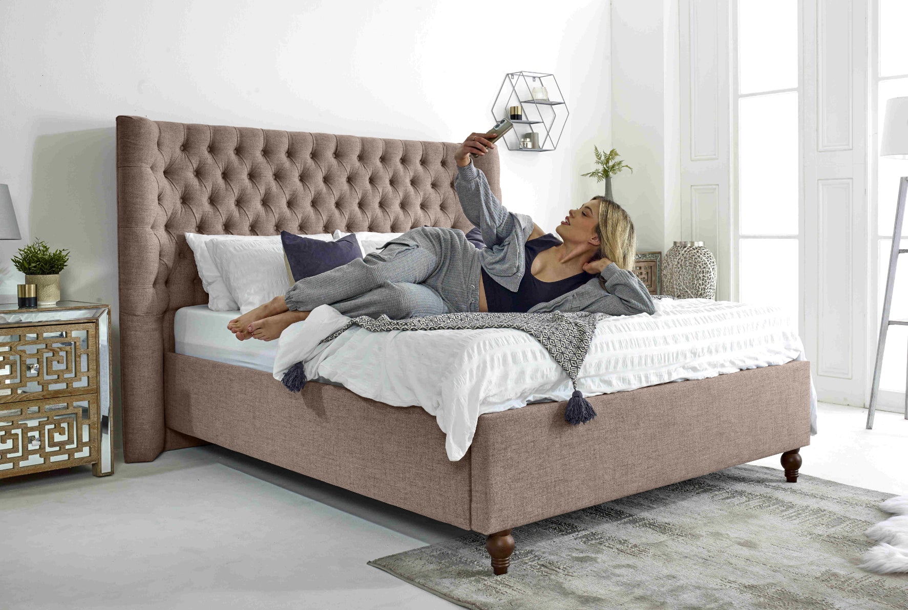 Dinah Grampian Fabric Matching Buttons Bed Frame