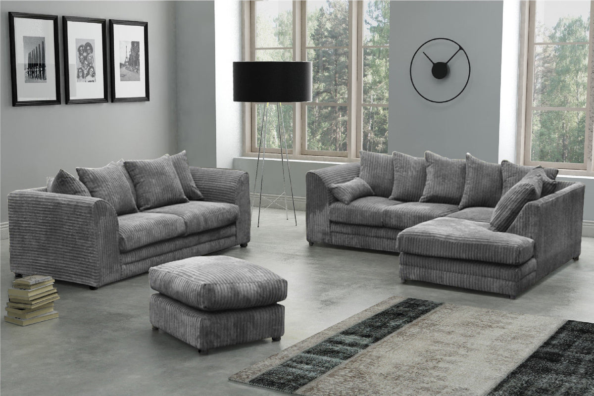 Canolo Luxury Jumbo Cord RHF Corner Sofa and 3 Seater with Footstool