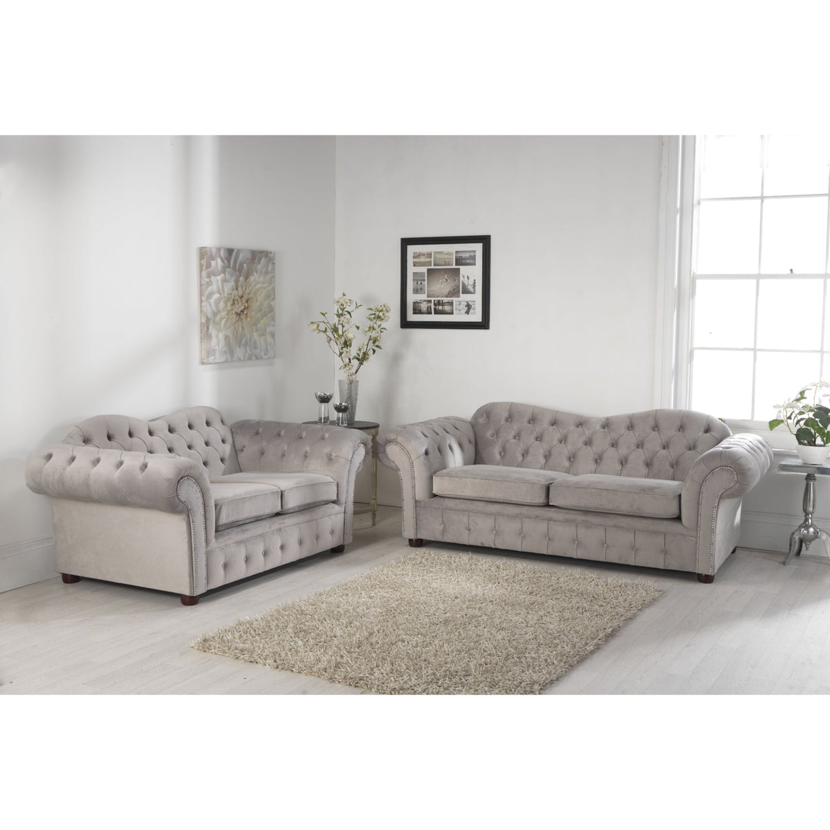 Enfield Plush Velvet Grey Sofa 3+2 Seater