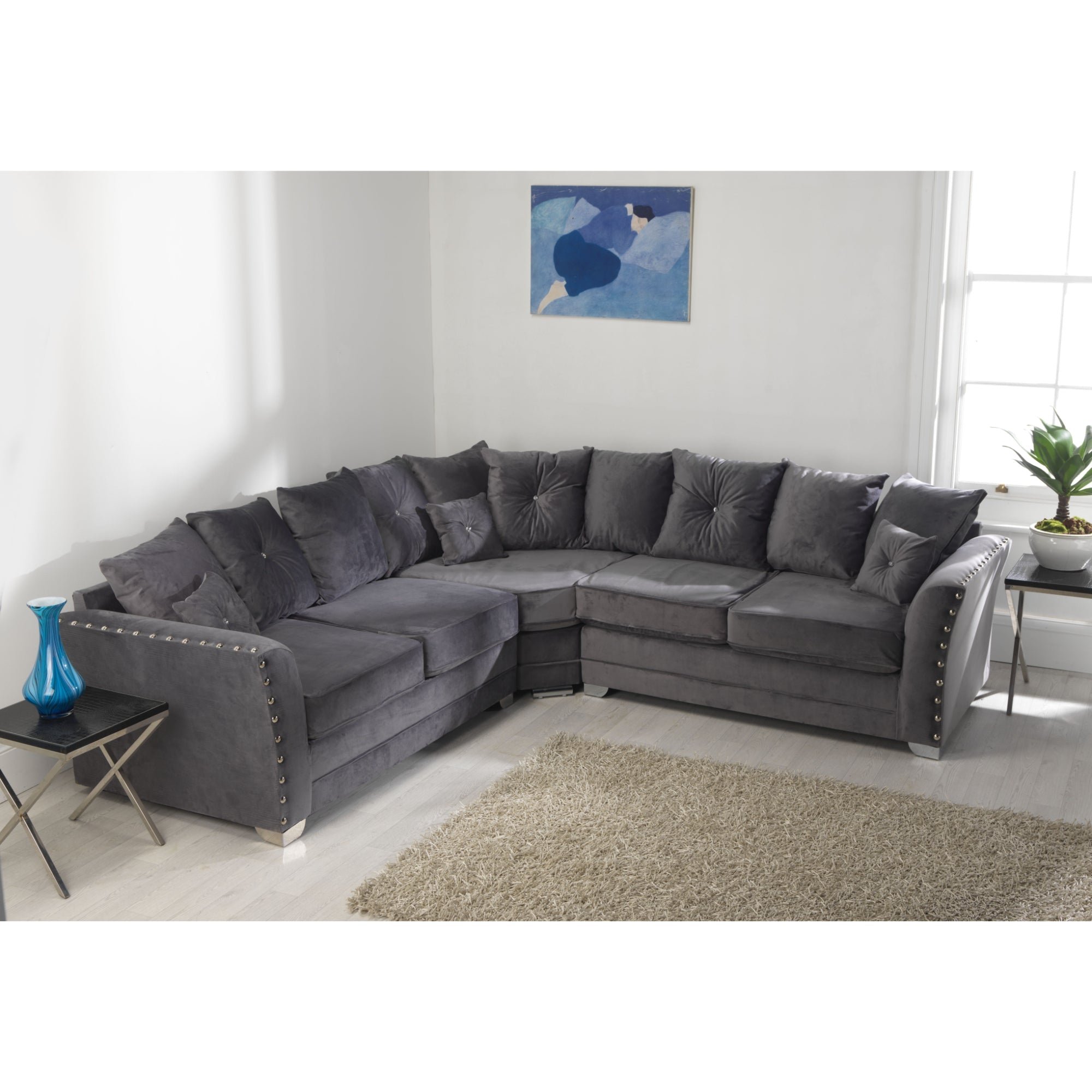 Elland Plush Velvet Grey Sofa 2c2