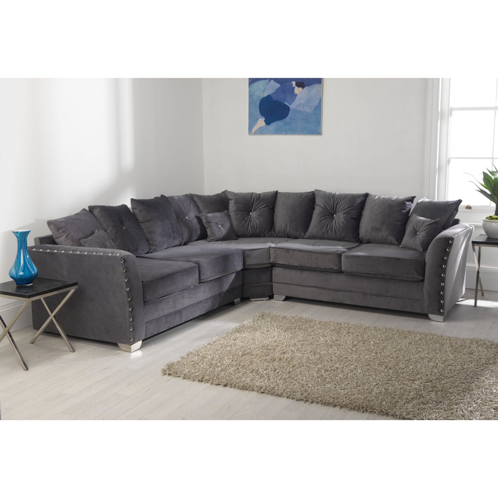 Elland Plush Velvet Grey Sofa 2c2