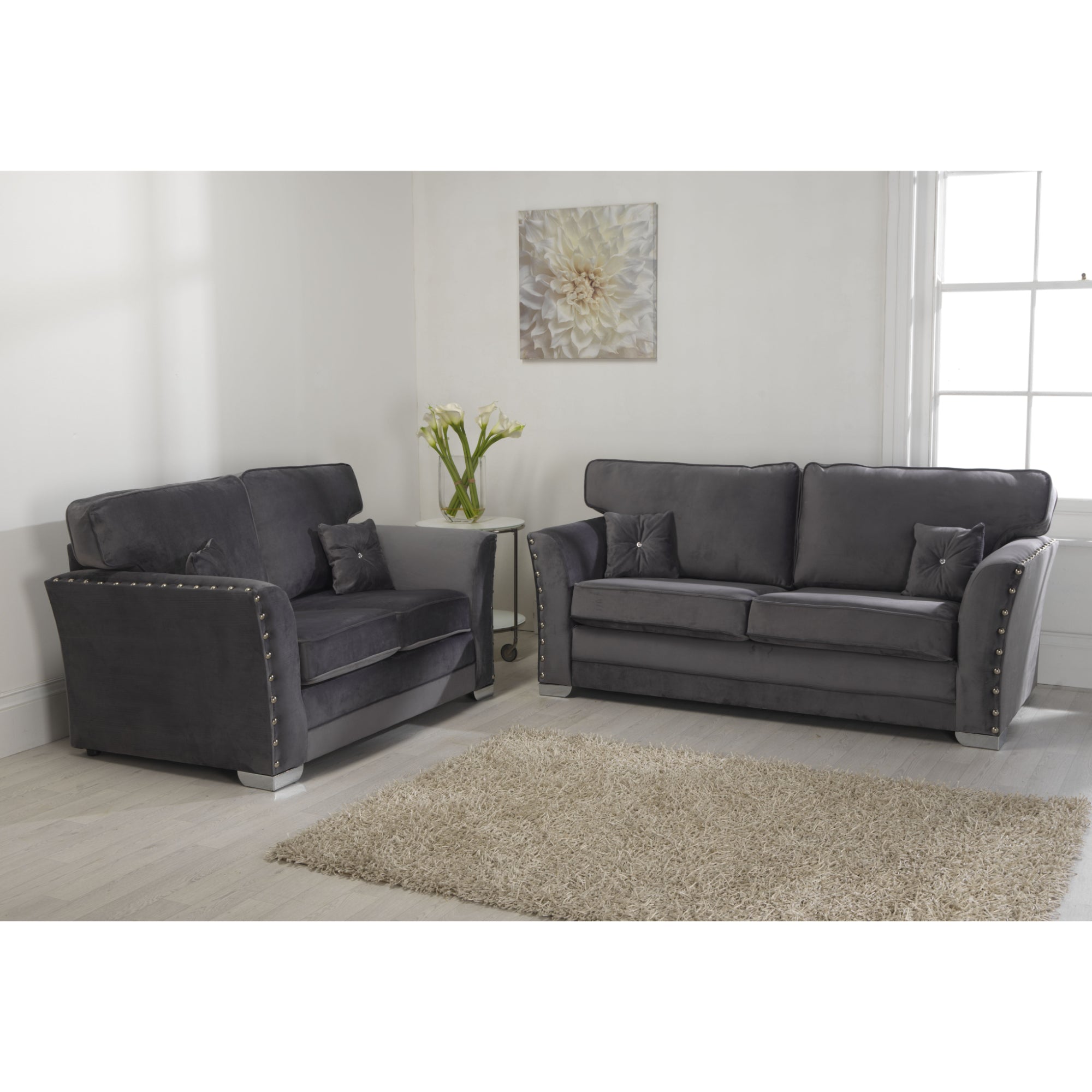 Elland Plush Velvet Grey Sofa 3+2 Seater