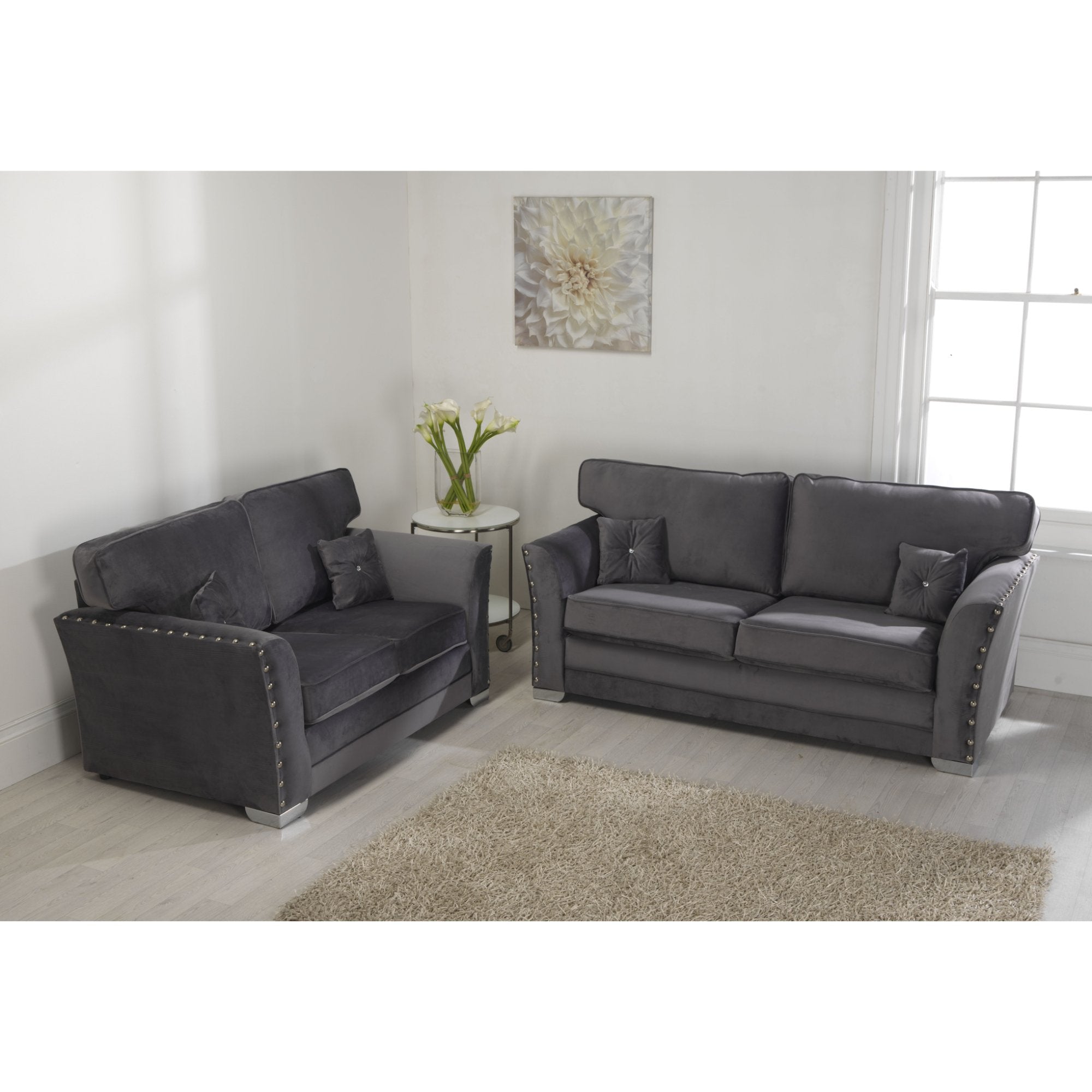 Elland Plush Velvet Grey Sofa 2c2