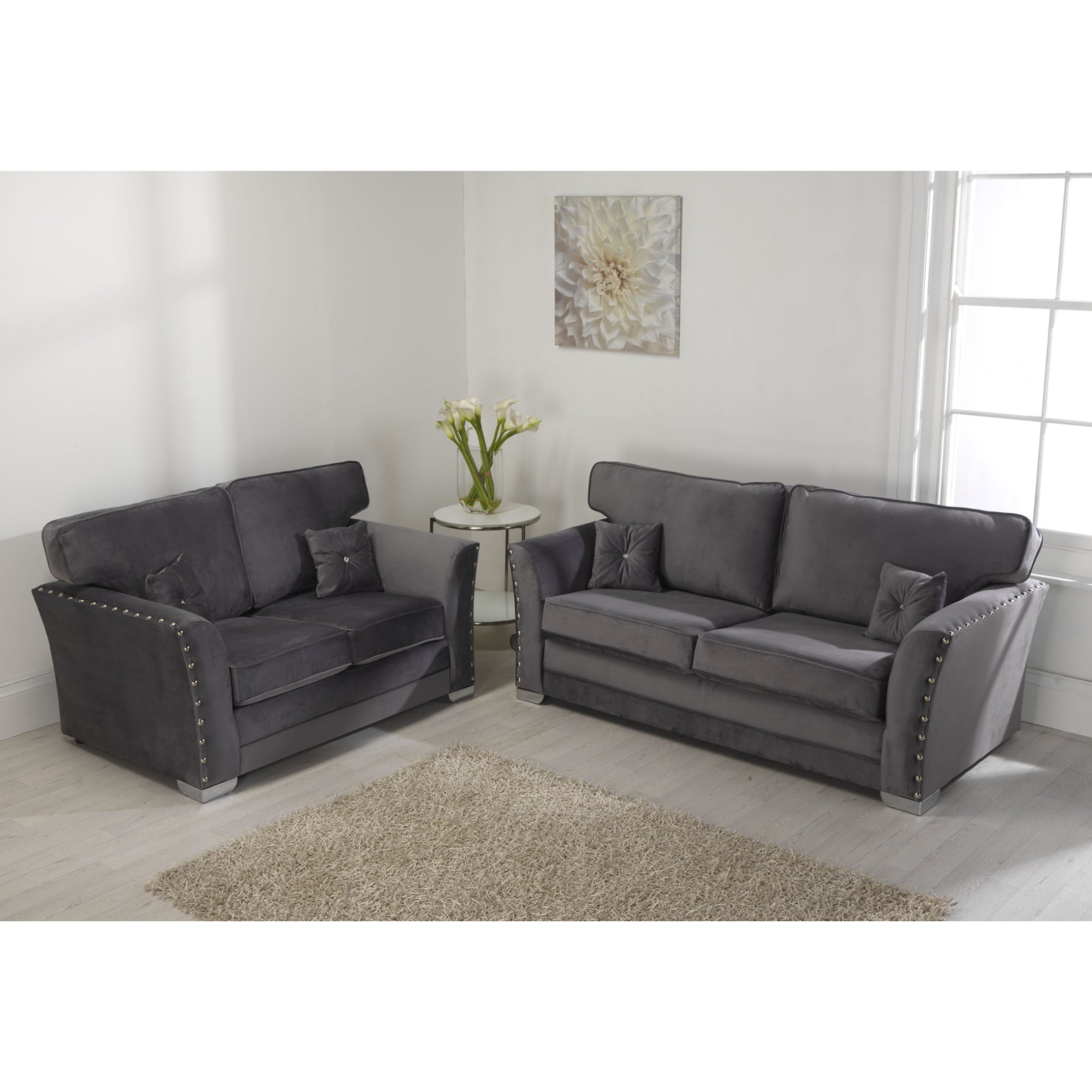 Elland Plush Velvet Grey Sofa 3+2 Seater