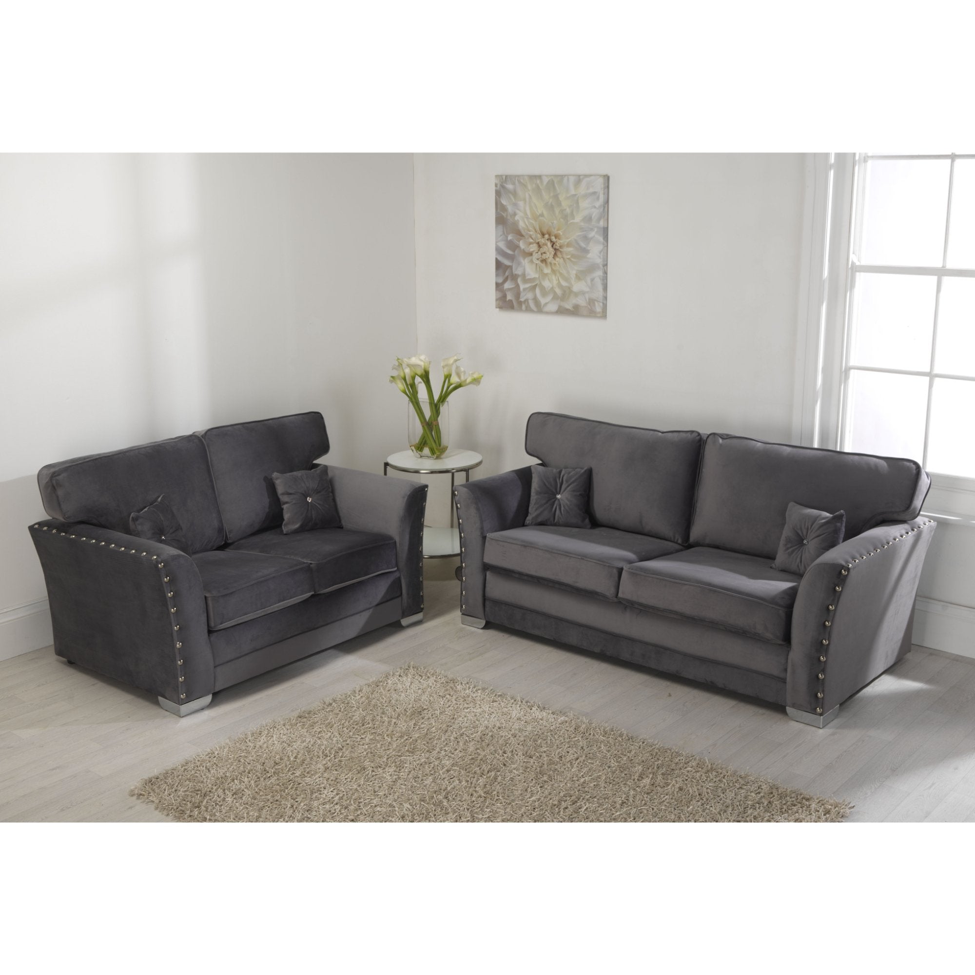 Elland Plush Velvet Grey Sofa 2c2