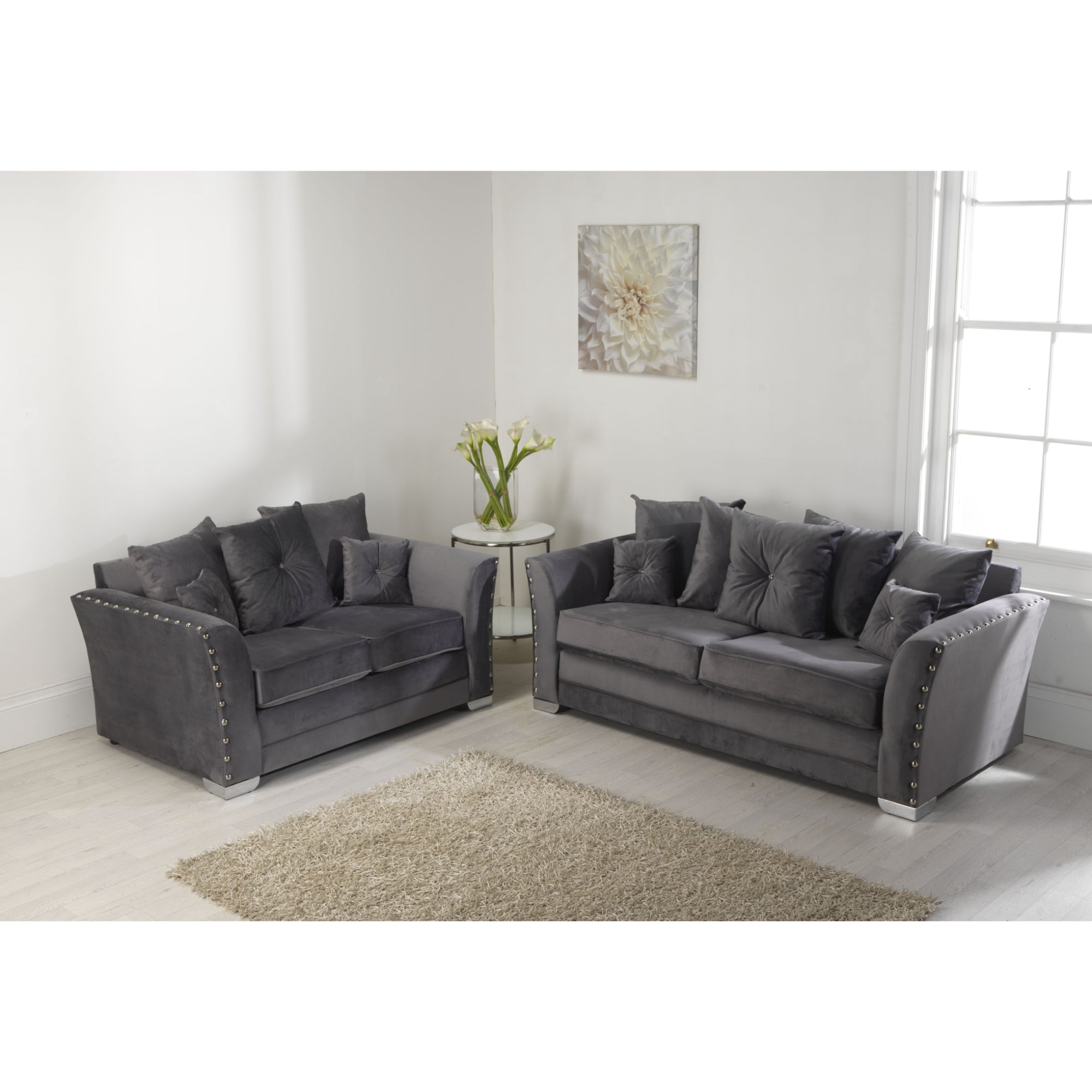 Elland Plush Velvet Grey Sofa 3+2 Seater