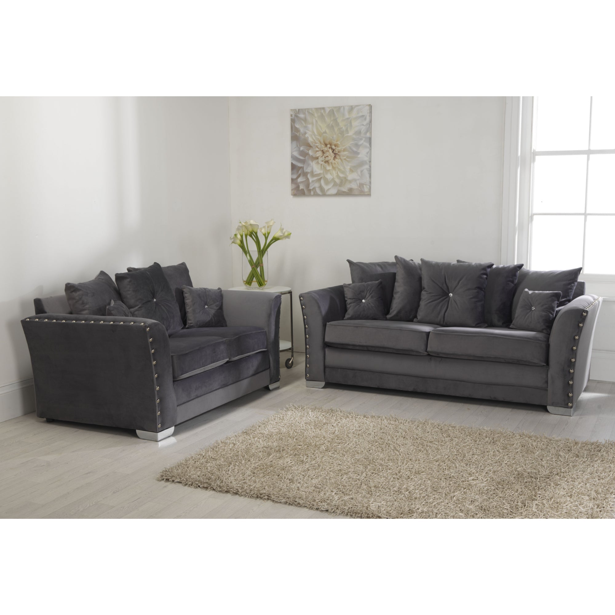 Elland Plush Velvet Grey Sofa 3+2 Seater