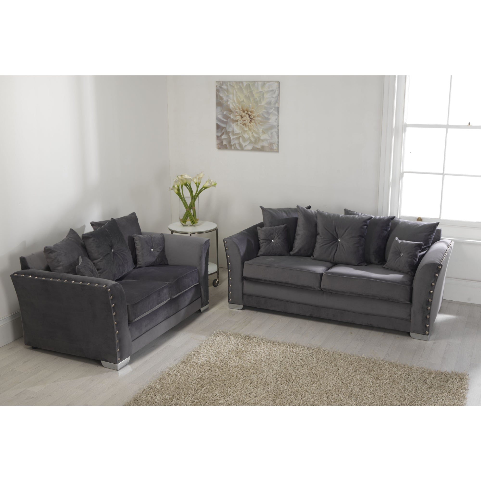 Elland Plush Velvet Grey Sofa 3+2 Seater