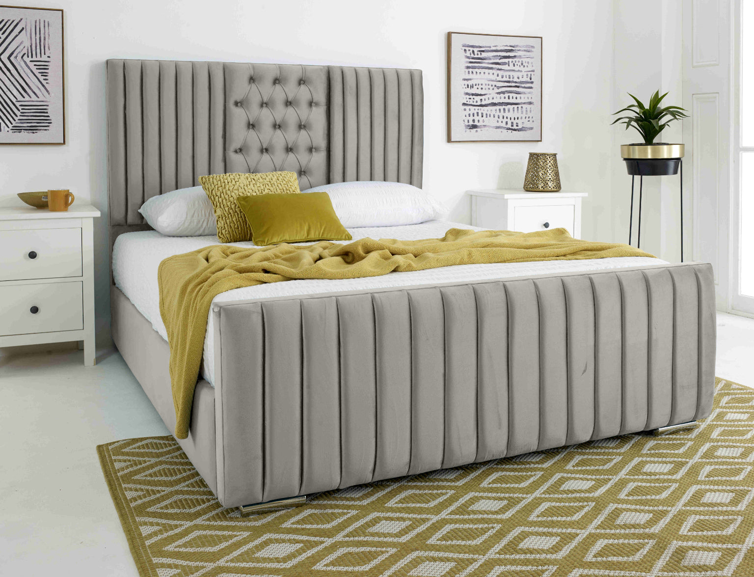 Gracie Plush Velvet Matching Buttons Bed Frame