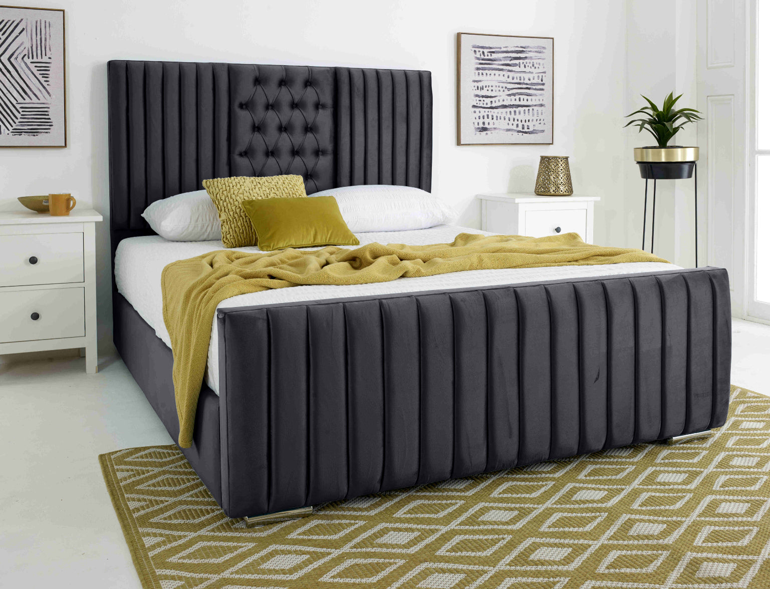 Gracie Plush Velvet Matching Buttons Bed Frame