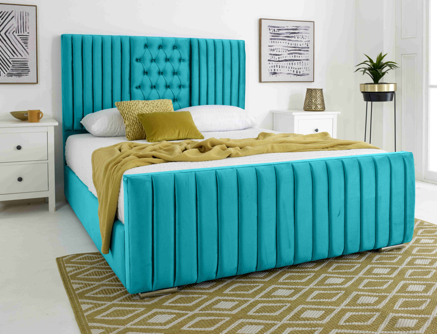 Gracie Plush Velvet Matching Buttons Bed Frame
