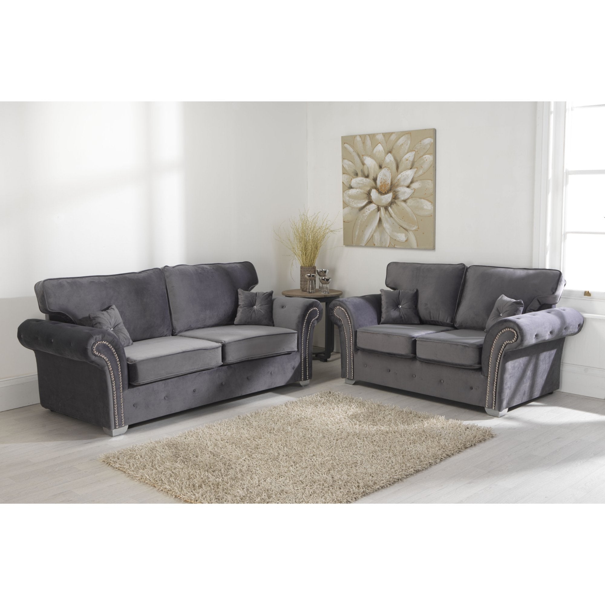 Mellows Plush Velvet Grey Sofa 3+2 Seater