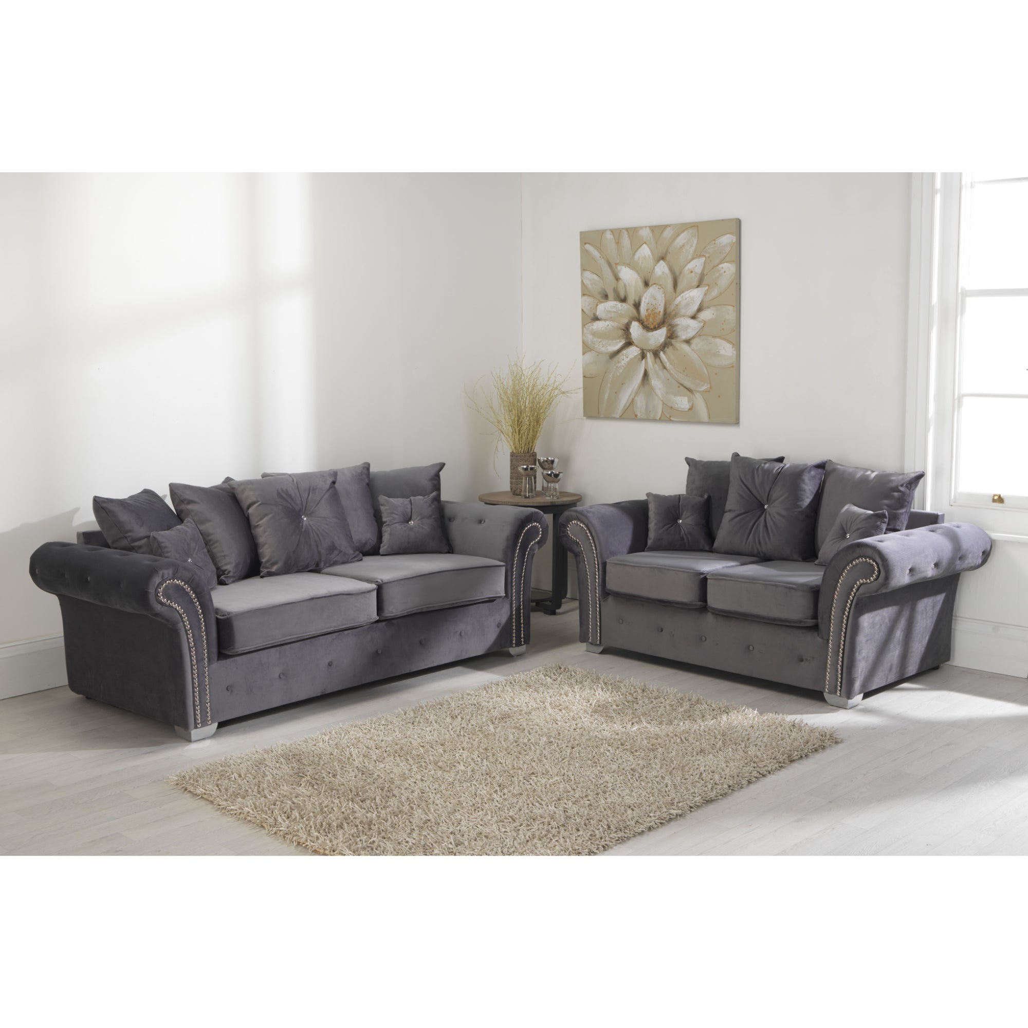 Mellows Plush Velvet Grey Sofa 3+2 Seater