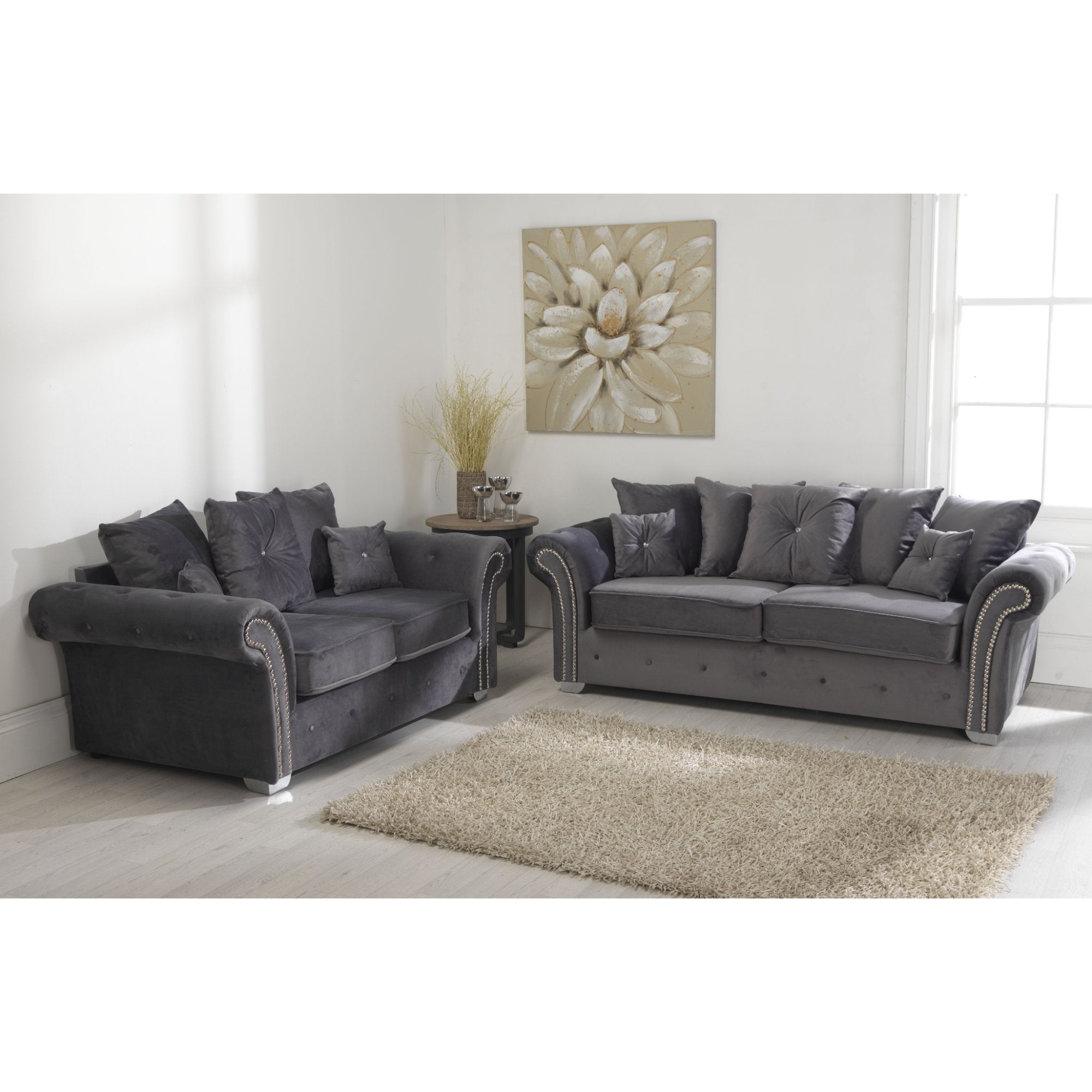 Mellows Plush Velvet Grey Sofa 3+2 Seater