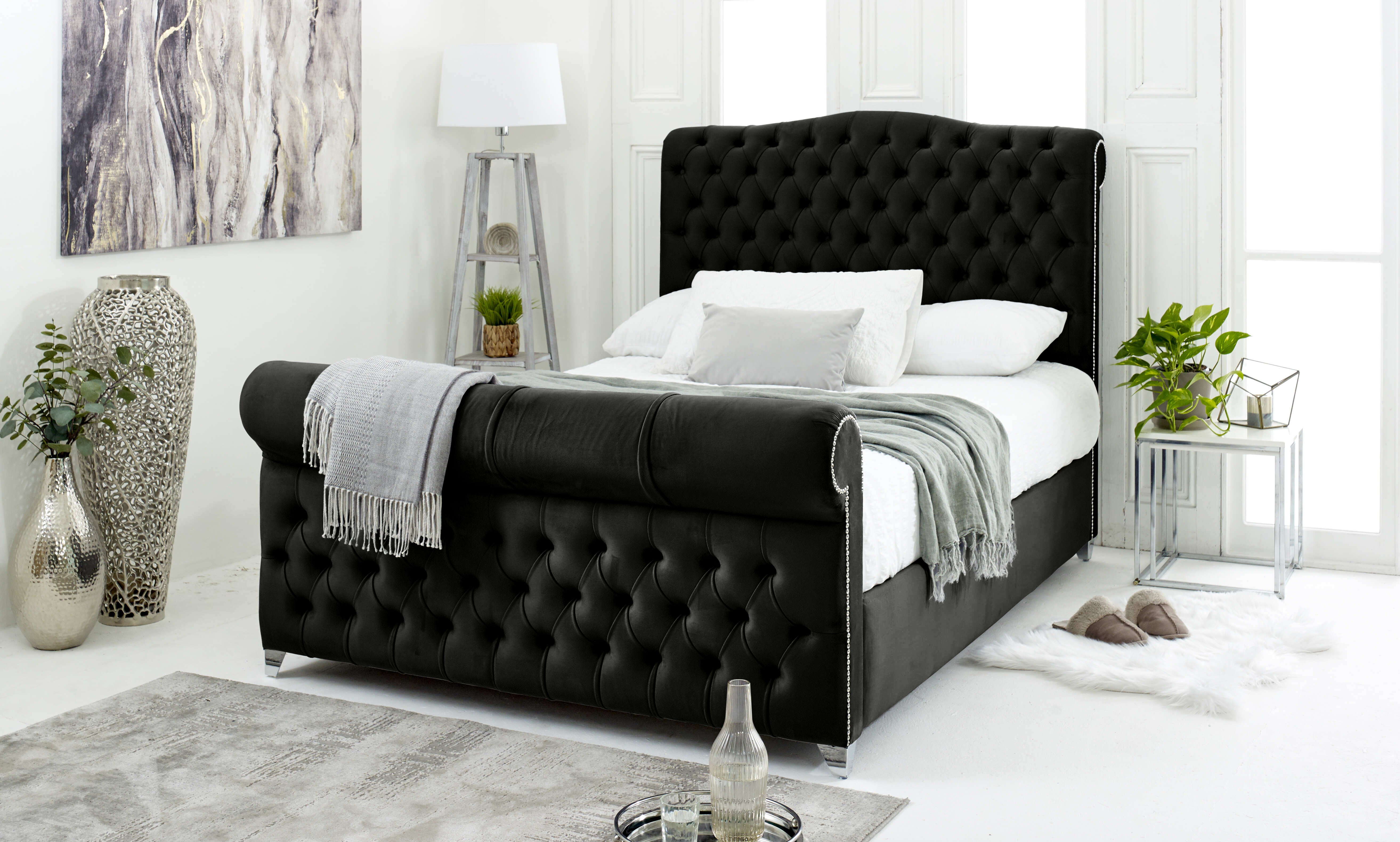 Maynard Plush Velvet Matching Buttons Bed Frame