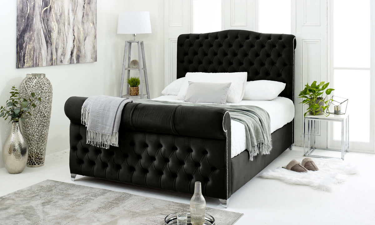 Maynard Plush Velvet Matching Buttons Bed Frame