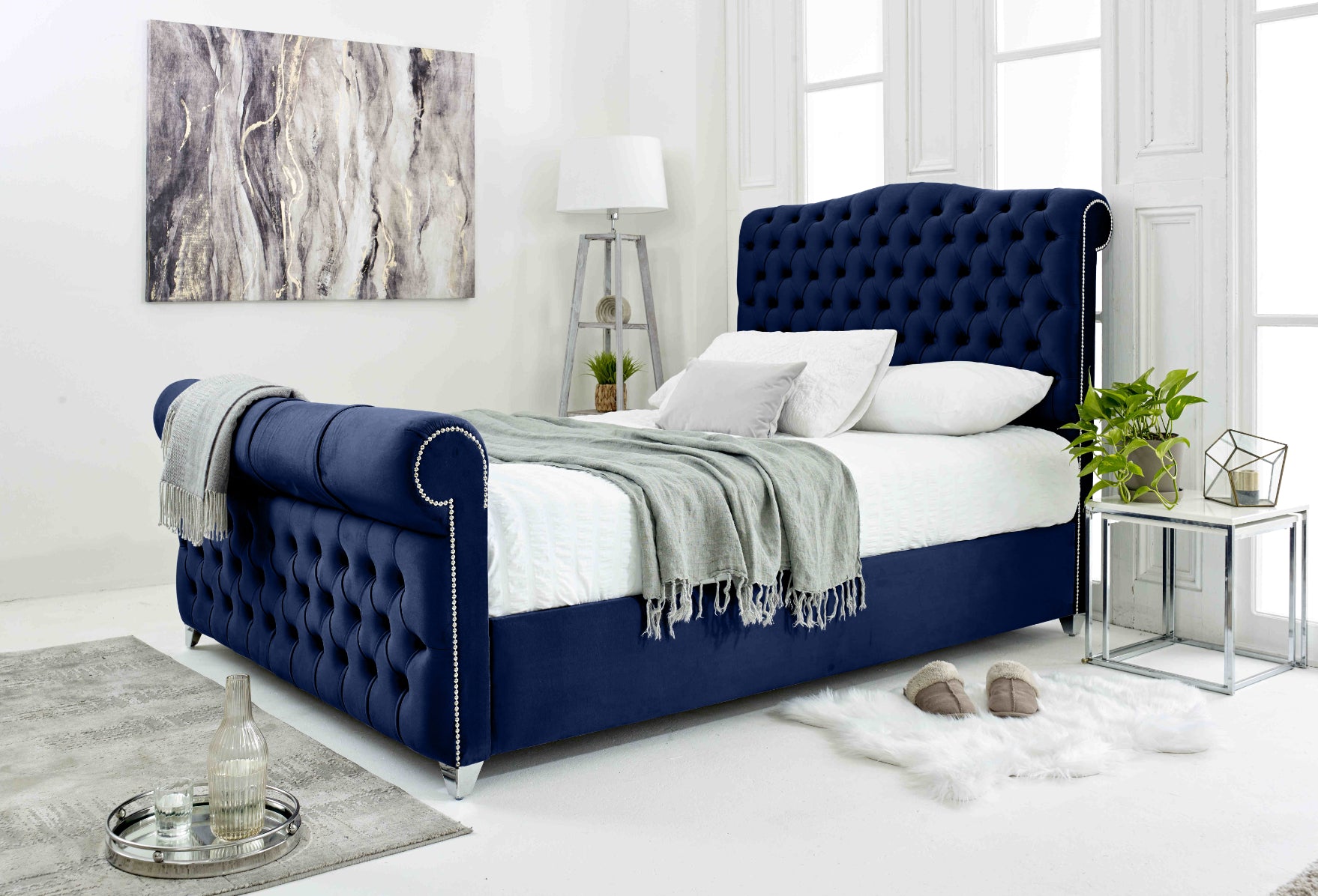 Maynard Plush Velvet Matching Buttons Bed Frame