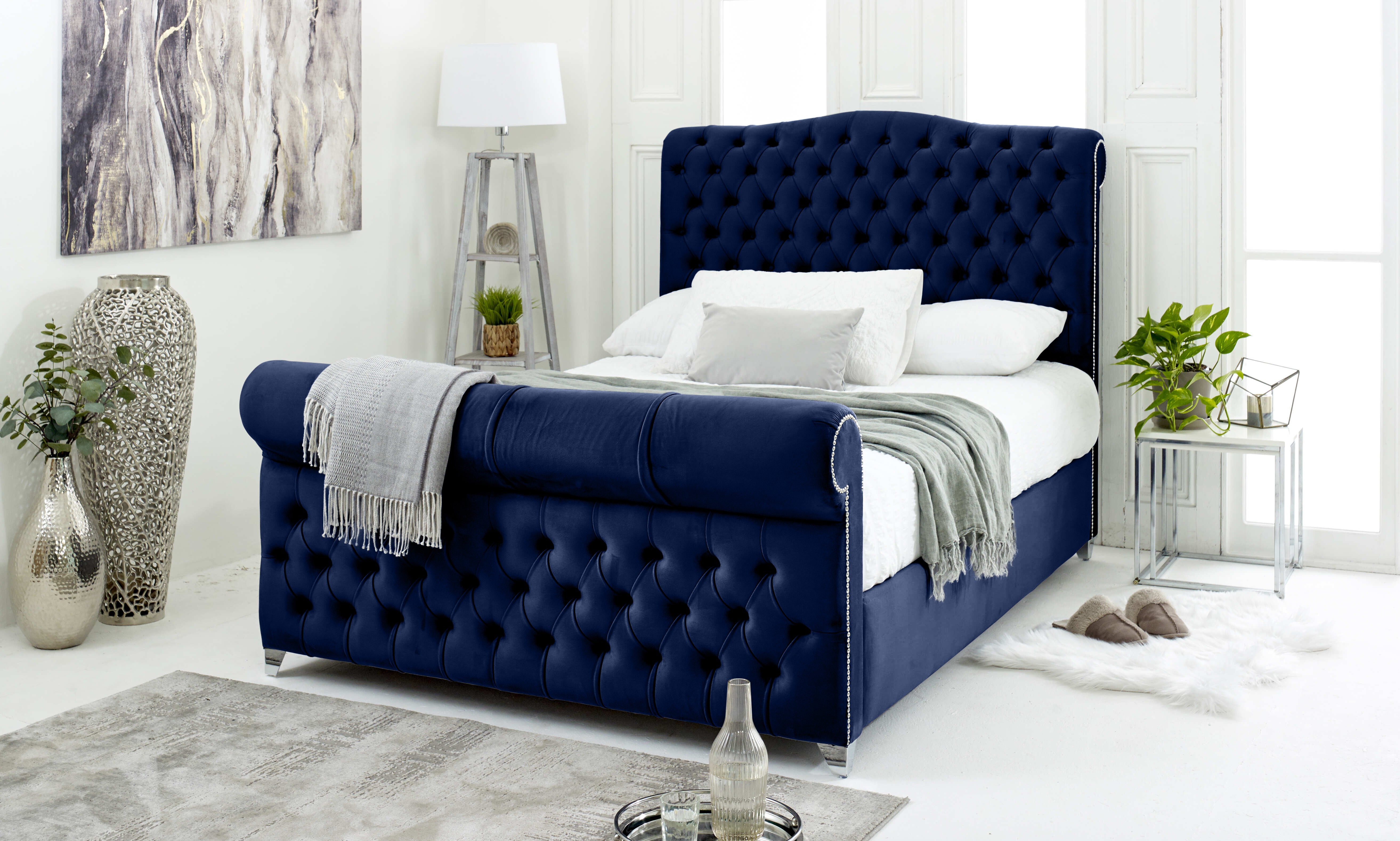 Maynard Plush Velvet Matching Buttons Bed Frame