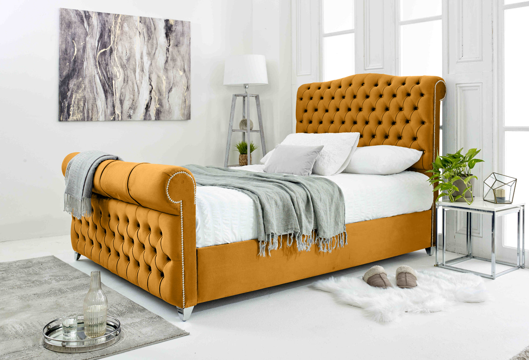 Maynard Plush Velvet Matching Buttons Bed Frame