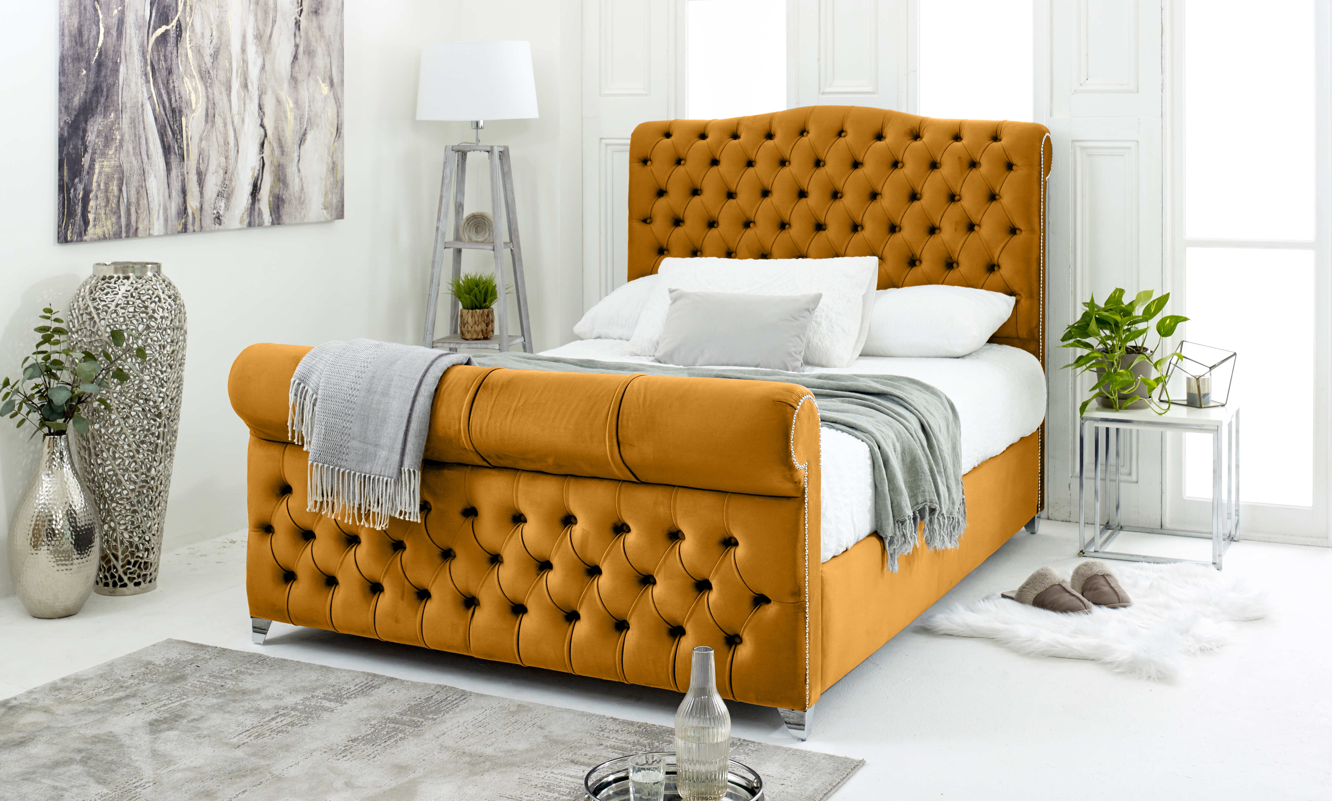 Maynard Plush Velvet Matching Buttons Bed Frame