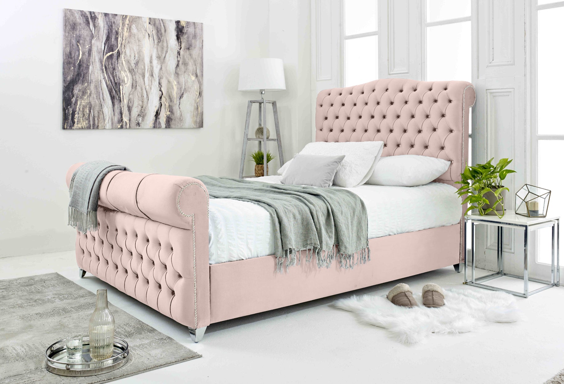 Maynard Plush Velvet Matching Buttons Bed Frame
