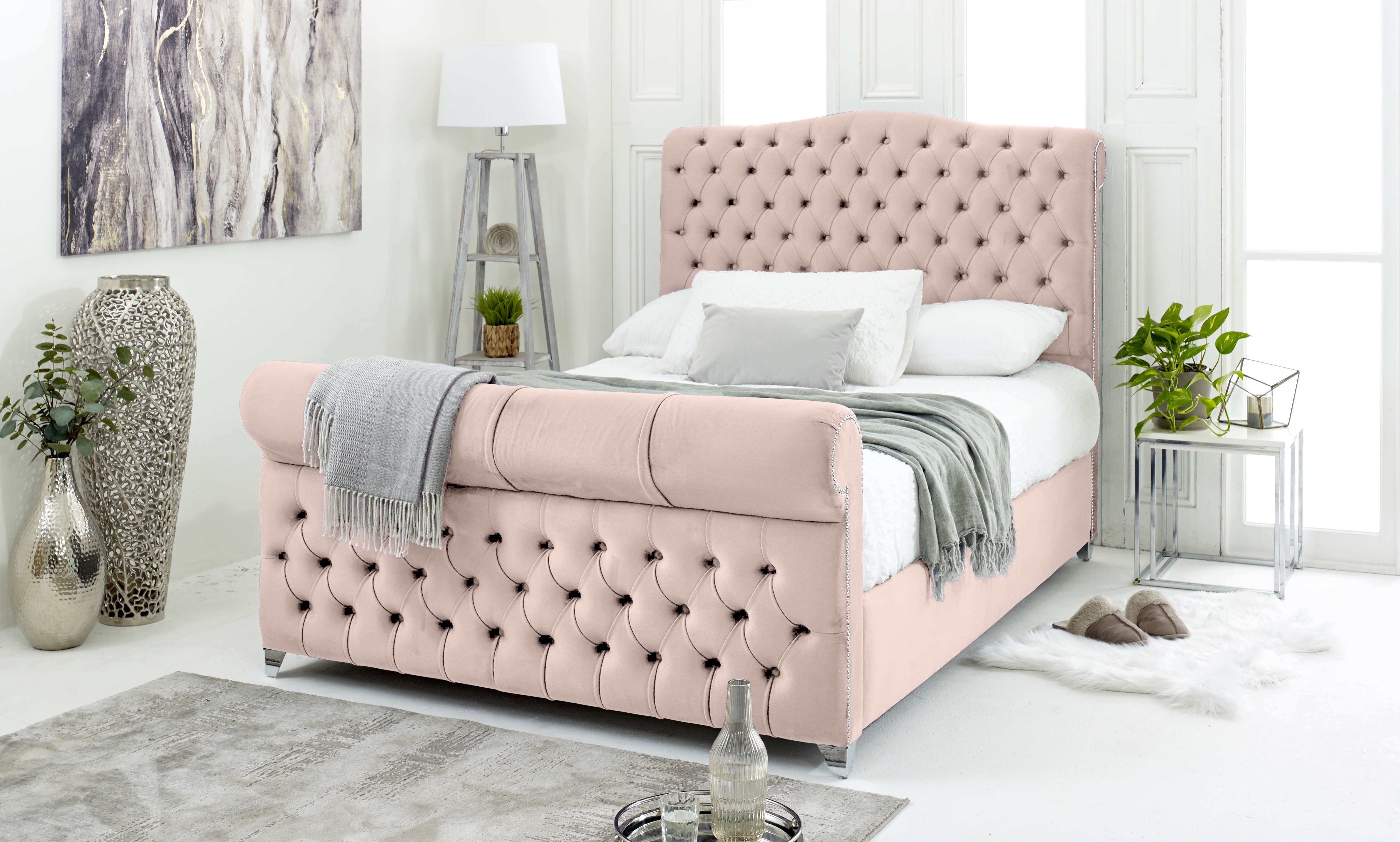 Maynard Plush Velvet Matching Buttons Bed Frame