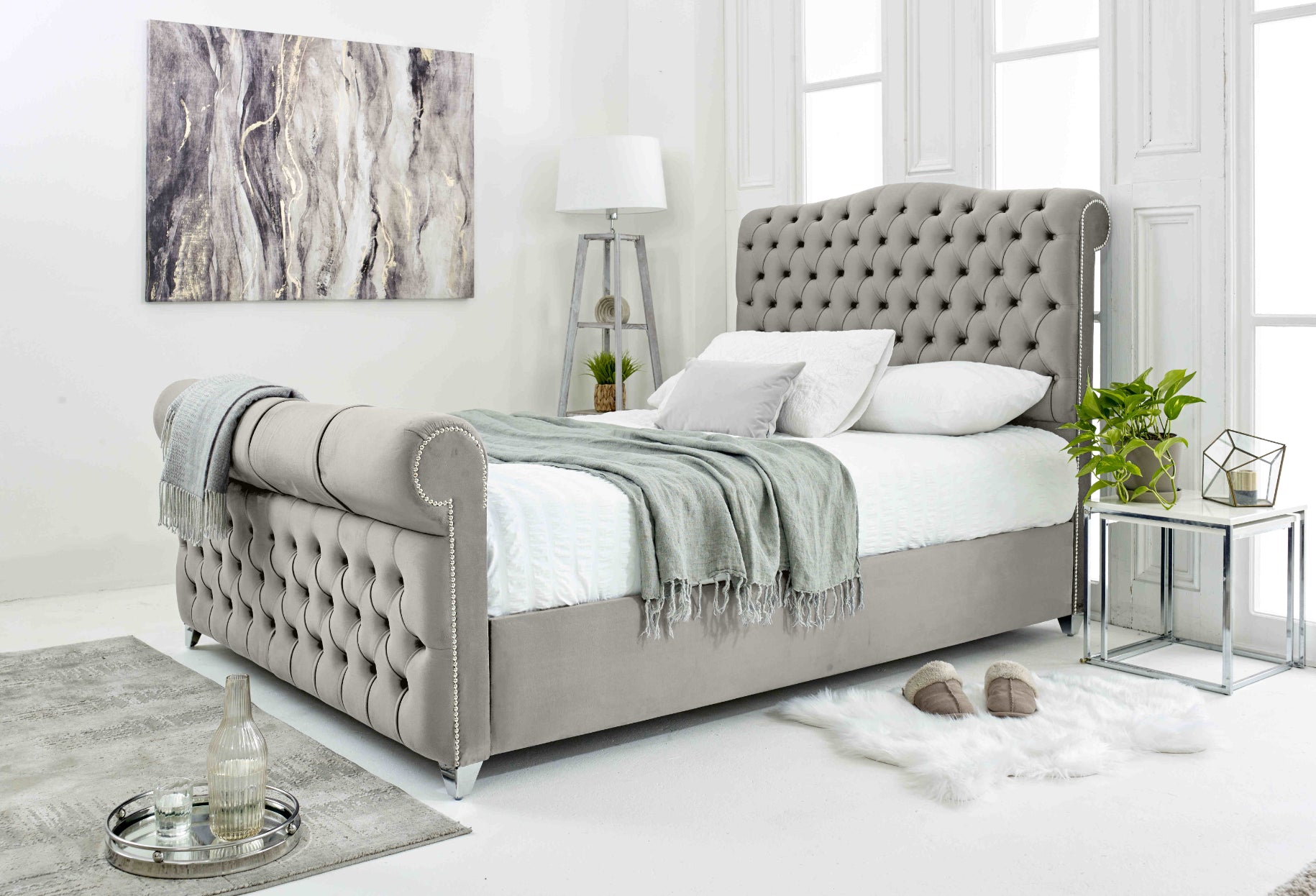 Maynard Plush Velvet Matching Buttons Bed Frame