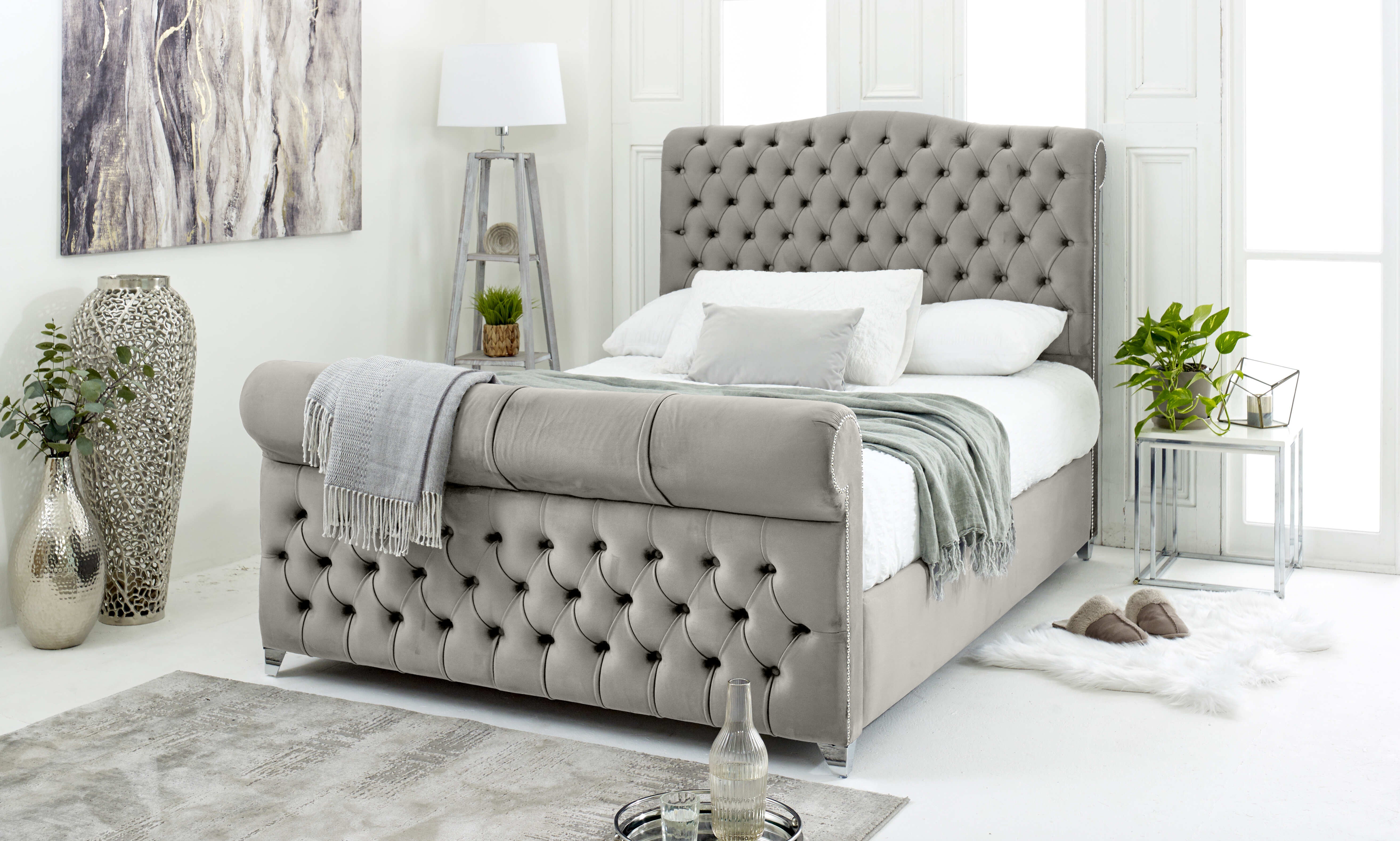 Maynard Plush Velvet Matching Buttons Bed Frame