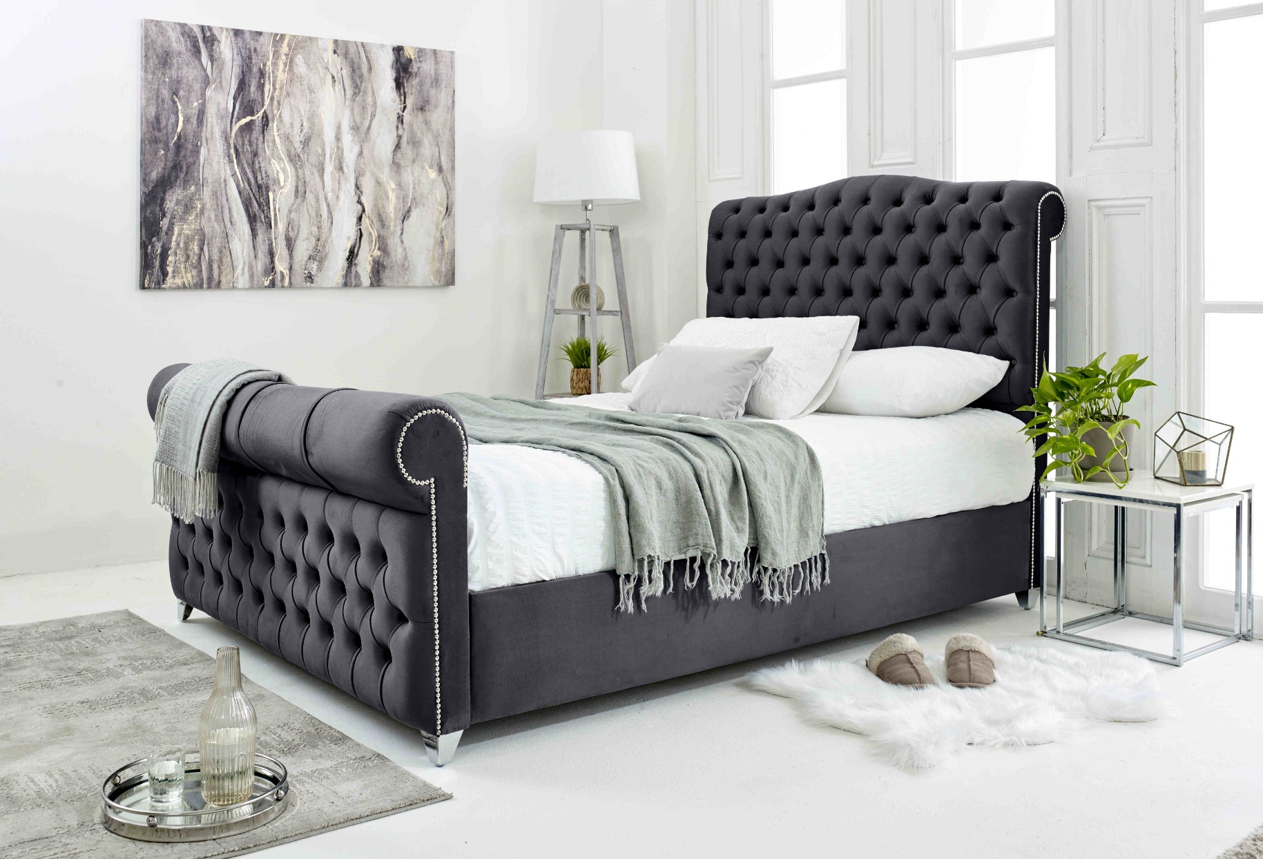 Maynard Plush Velvet Matching Buttons Bed Frame