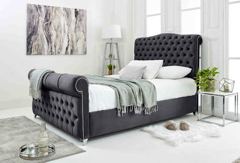 Maynard Plush Velvet Matching Buttons Bed Frame