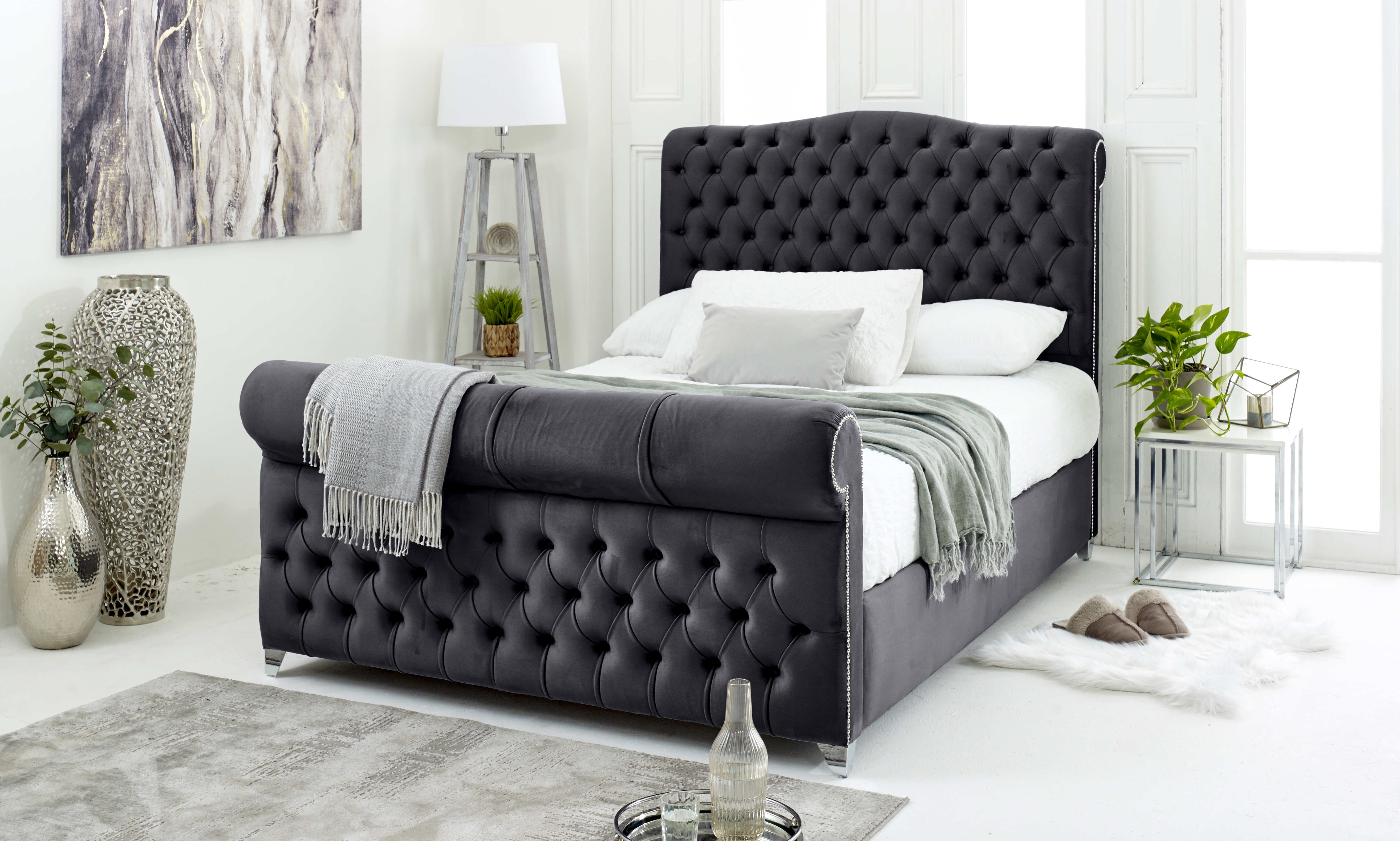 Maynard Plush Velvet Matching Buttons Bed Frame