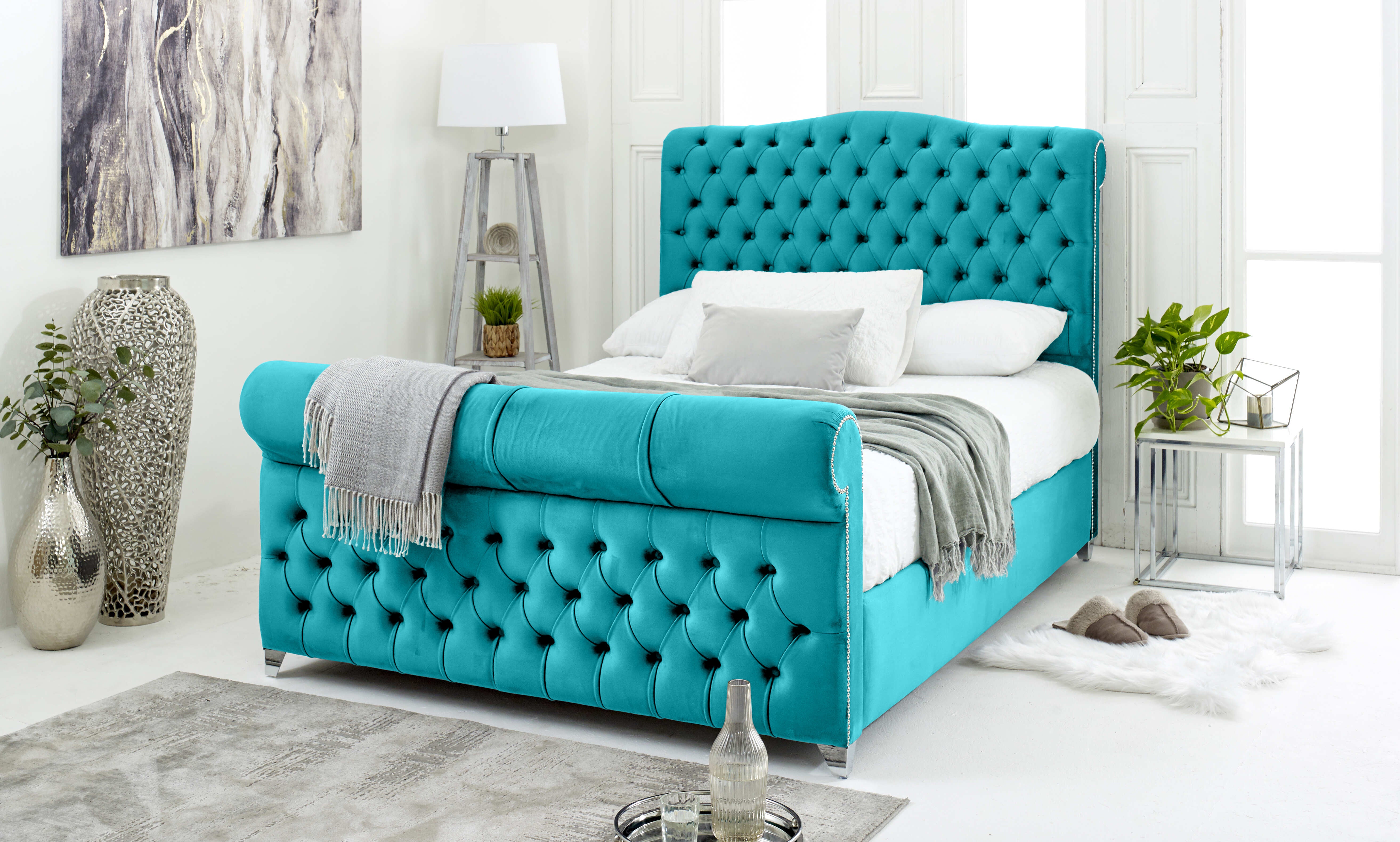 Maynard Plush Velvet Matching Buttons Bed Frame