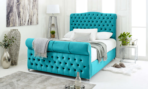 Maynard Plush Velvet Matching Buttons Bed Frame