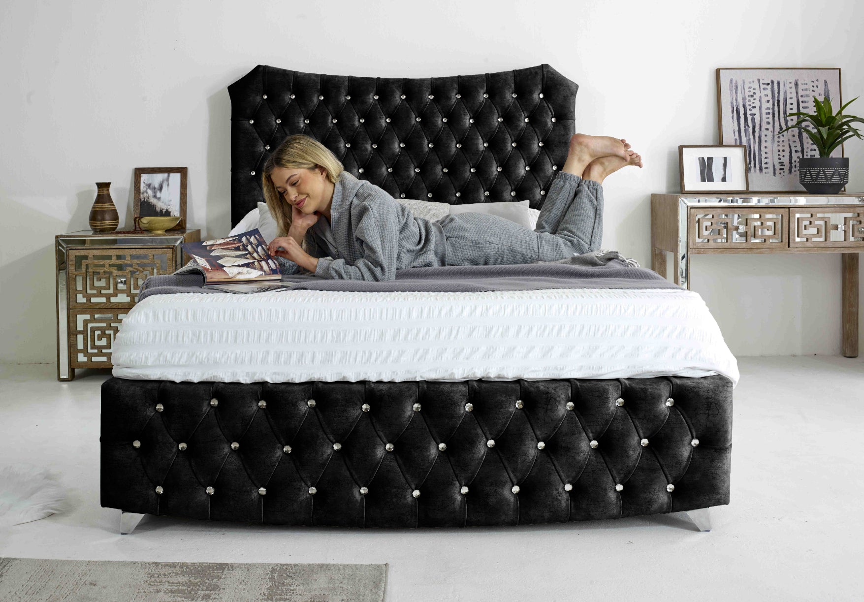 Valentino Marble Fabric Diamante Buttons Bed Frame