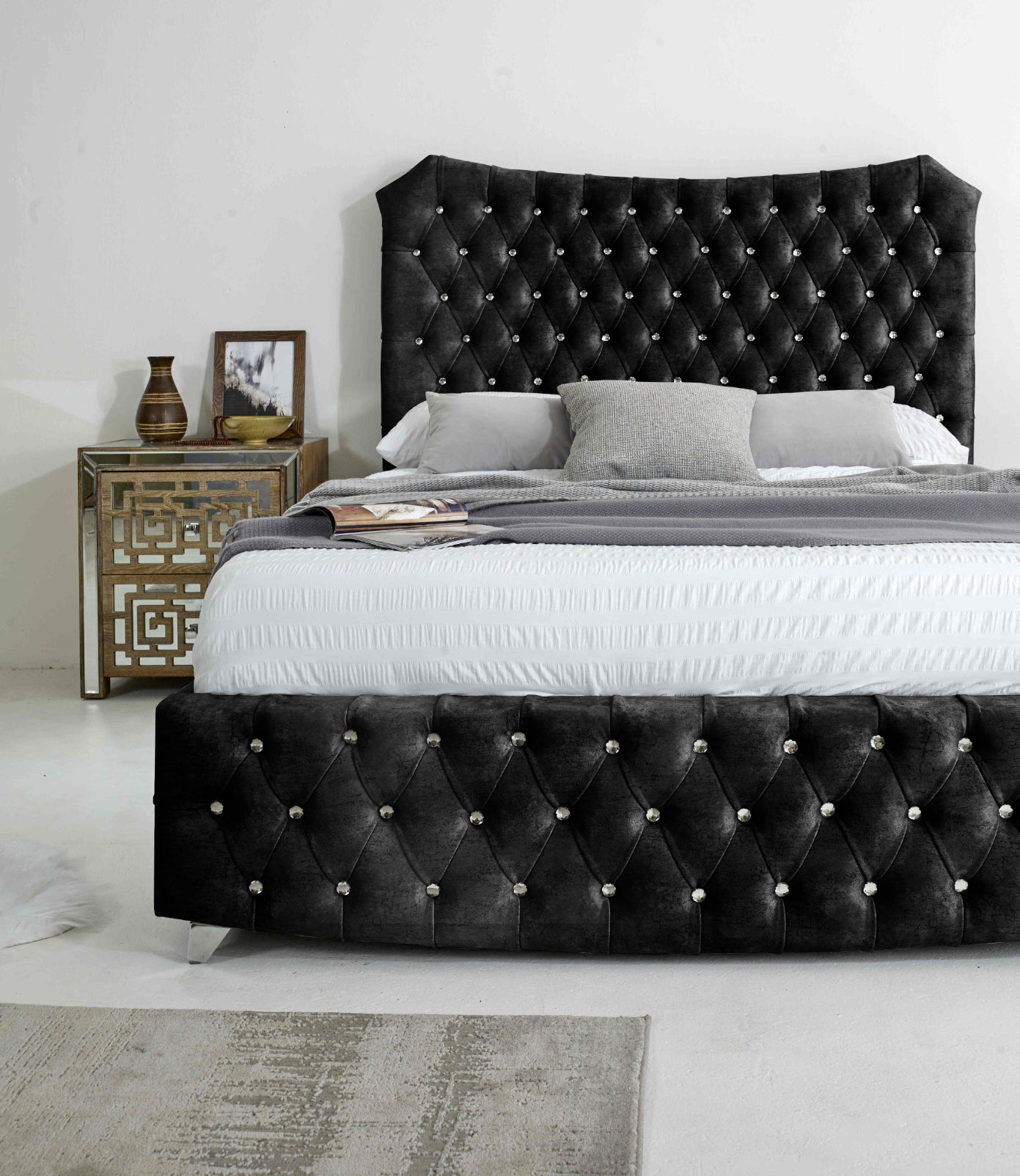 Valentino Marble Fabric Diamante Buttons Bed Frame