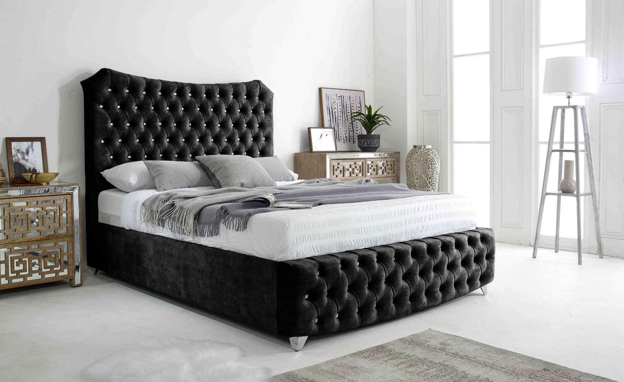 Valentino Marble Fabric Diamante Buttons Bed Frame
