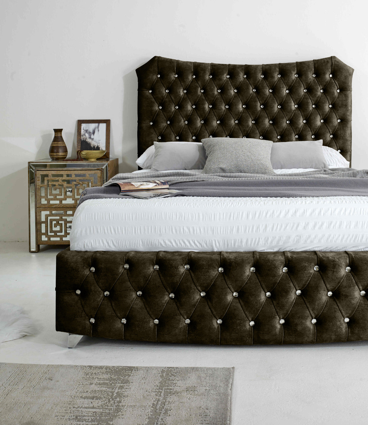 Valentino Marble Fabric Diamante Buttons Bed Frame