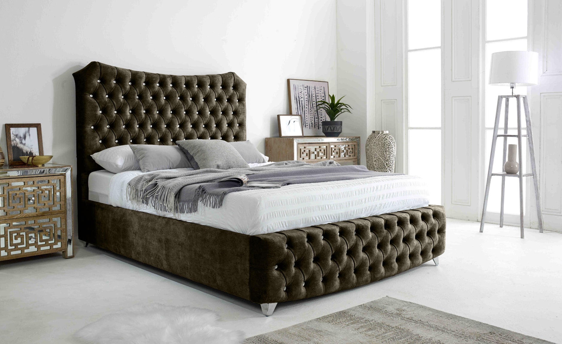 Valentino Marble Fabric Diamante Buttons Bed Frame
