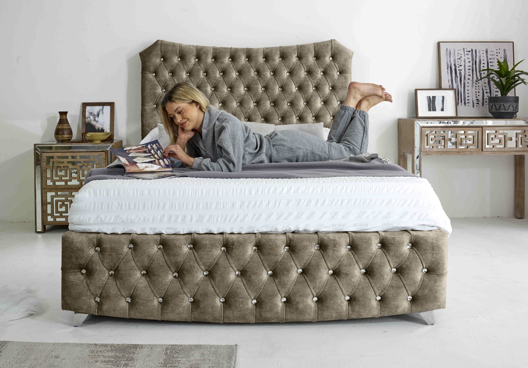 Valentino Marble Fabric Diamante Buttons Bed Frame