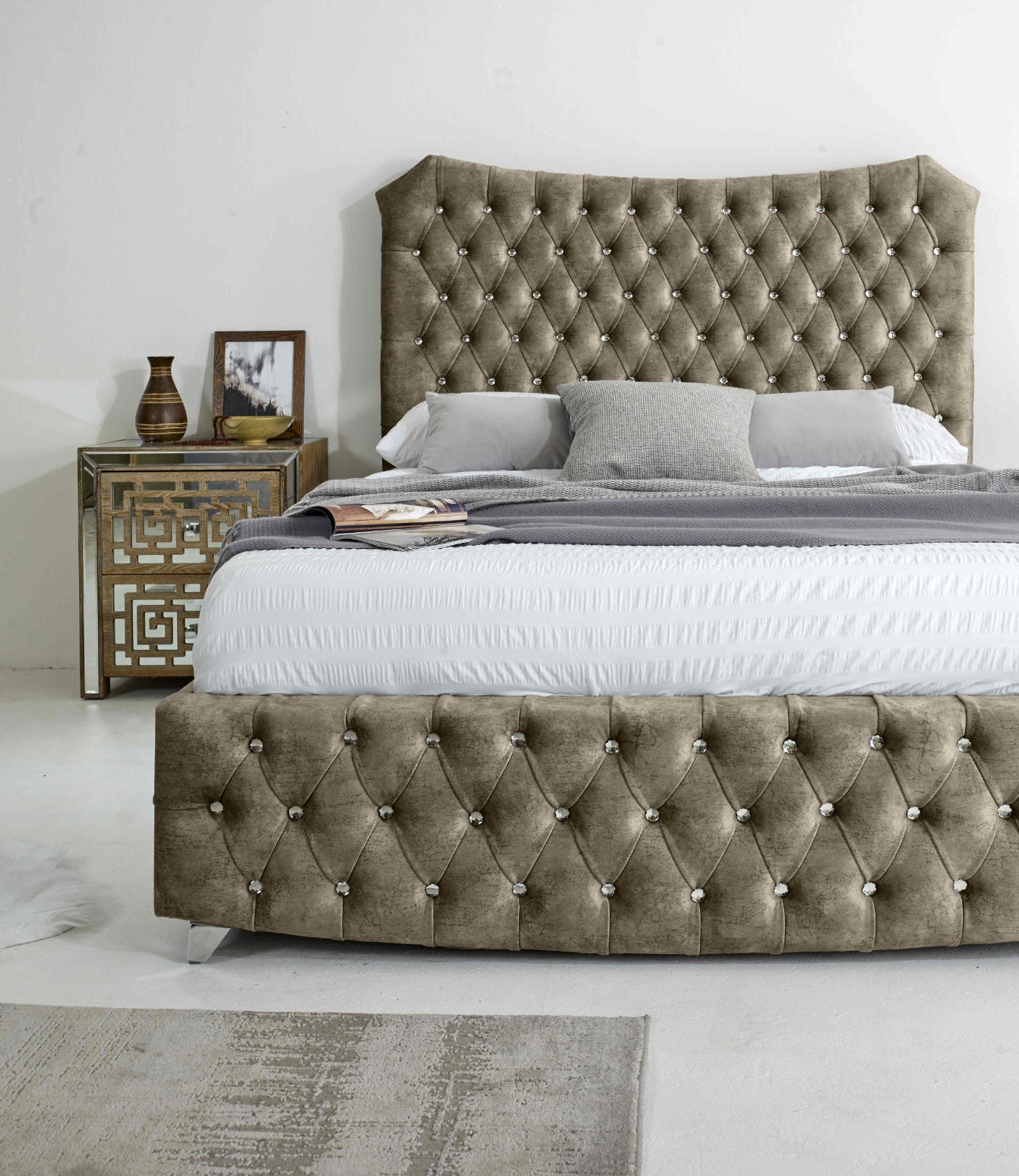 Valentino Marble Fabric Diamante Buttons Bed Frame
