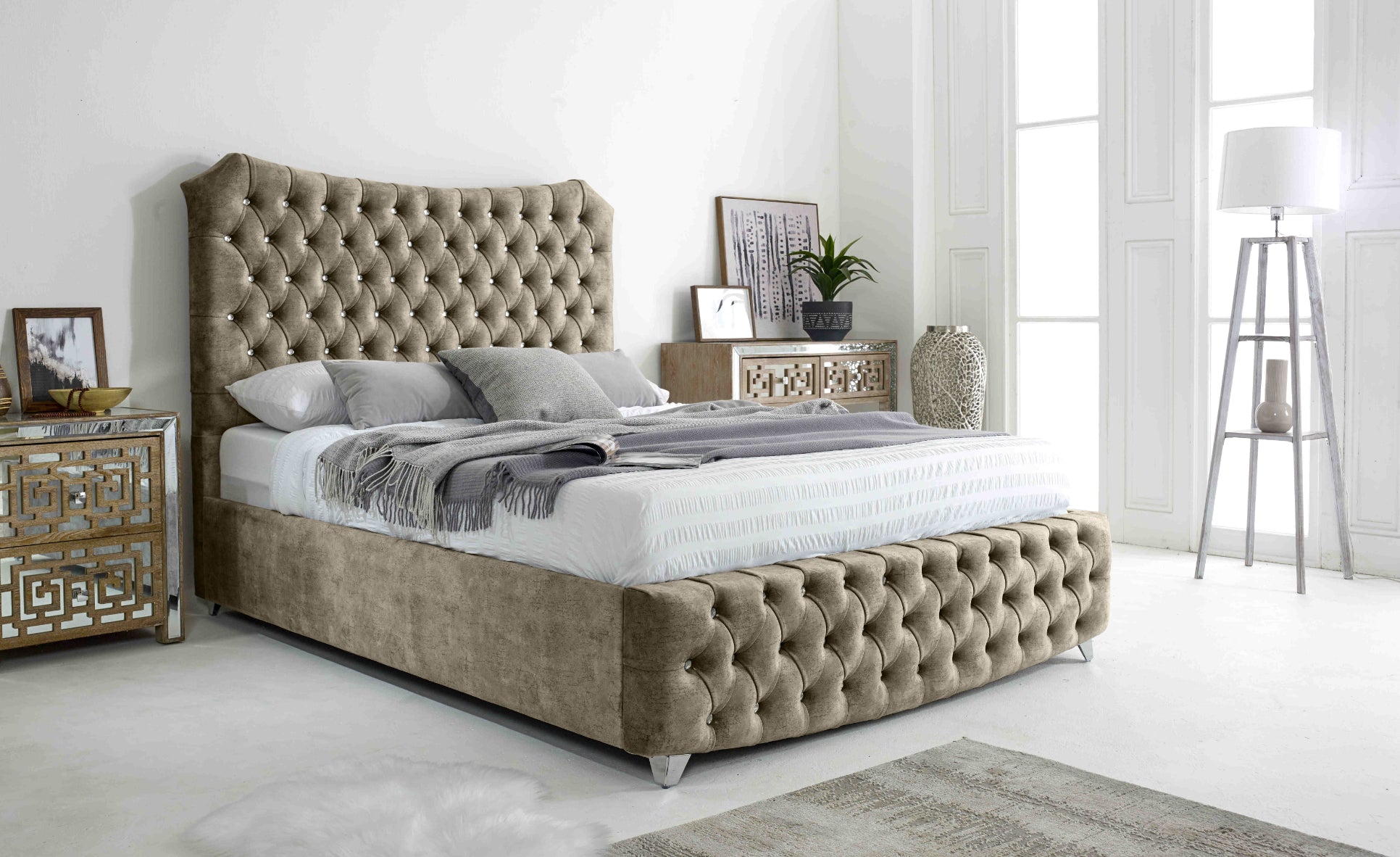 Valentino Marble Fabric Diamante Buttons Bed Frame