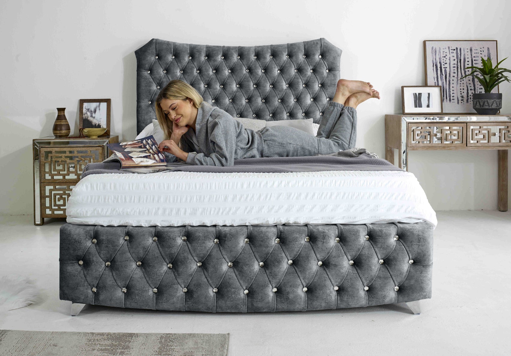 Valentino Marble Fabric Diamante Buttons Bed Frame