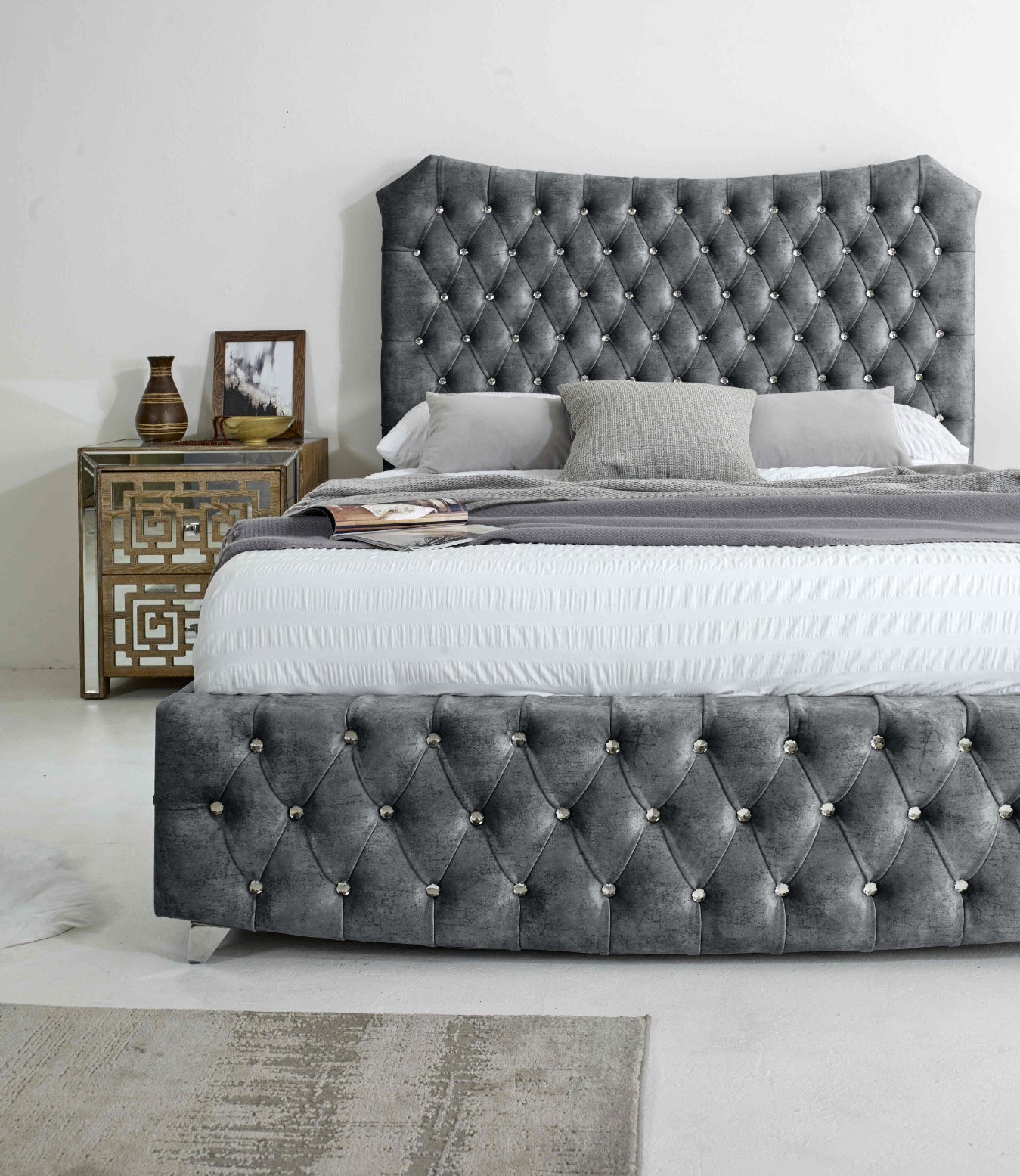 Valentino Marble Fabric Diamante Buttons Bed Frame