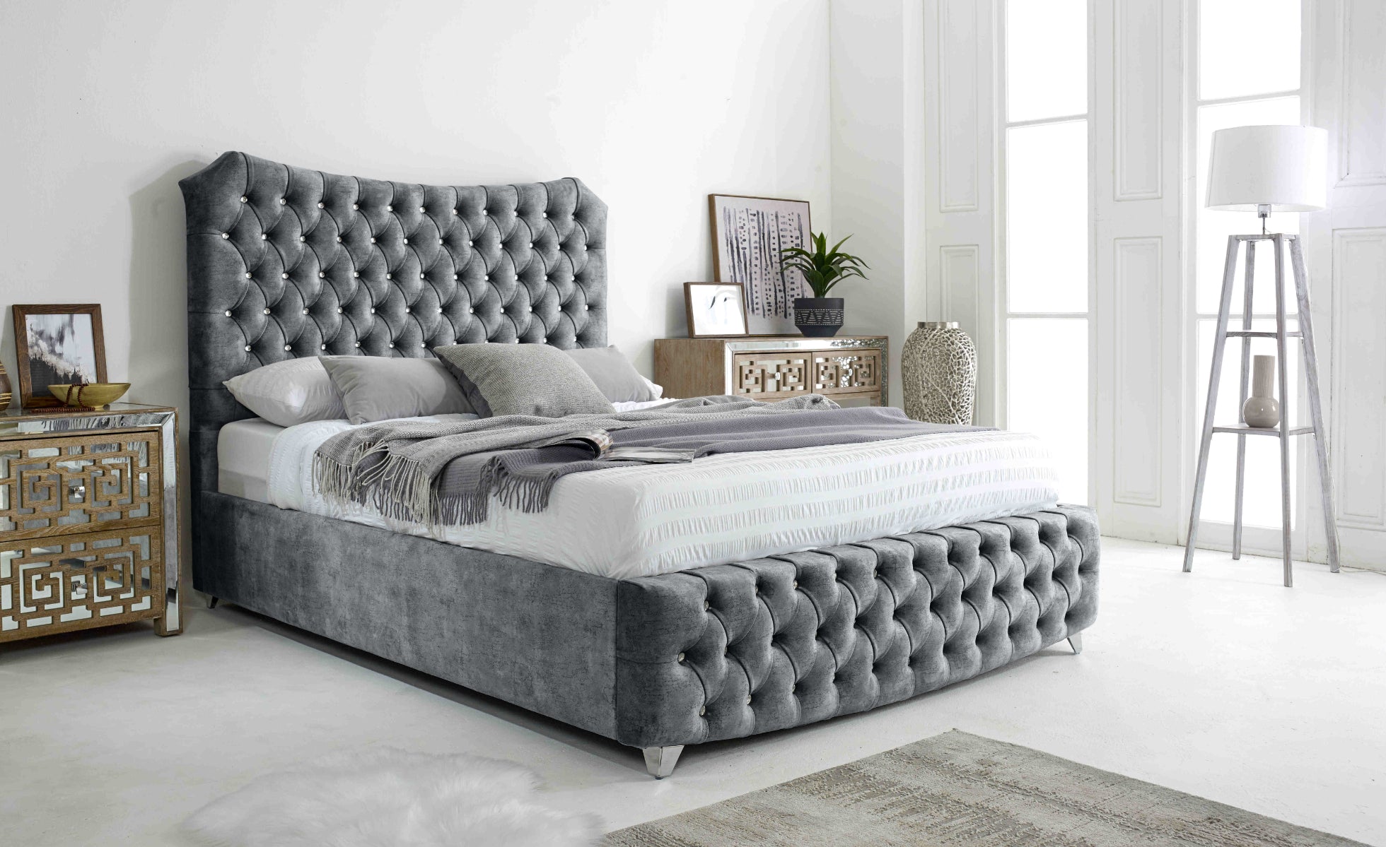 Valentino Marble Fabric Diamante Buttons Bed Frame