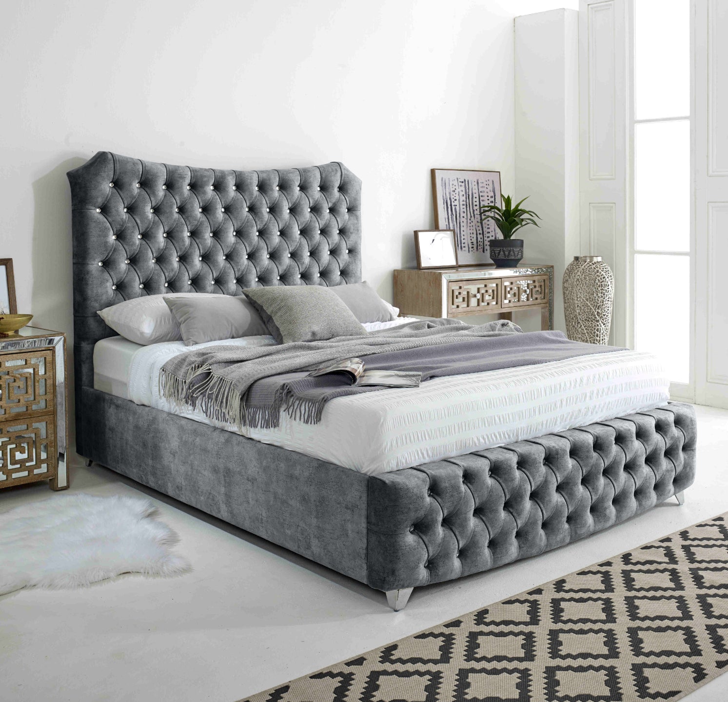 Valentino Marble Fabric Diamante Buttons Bed Frame