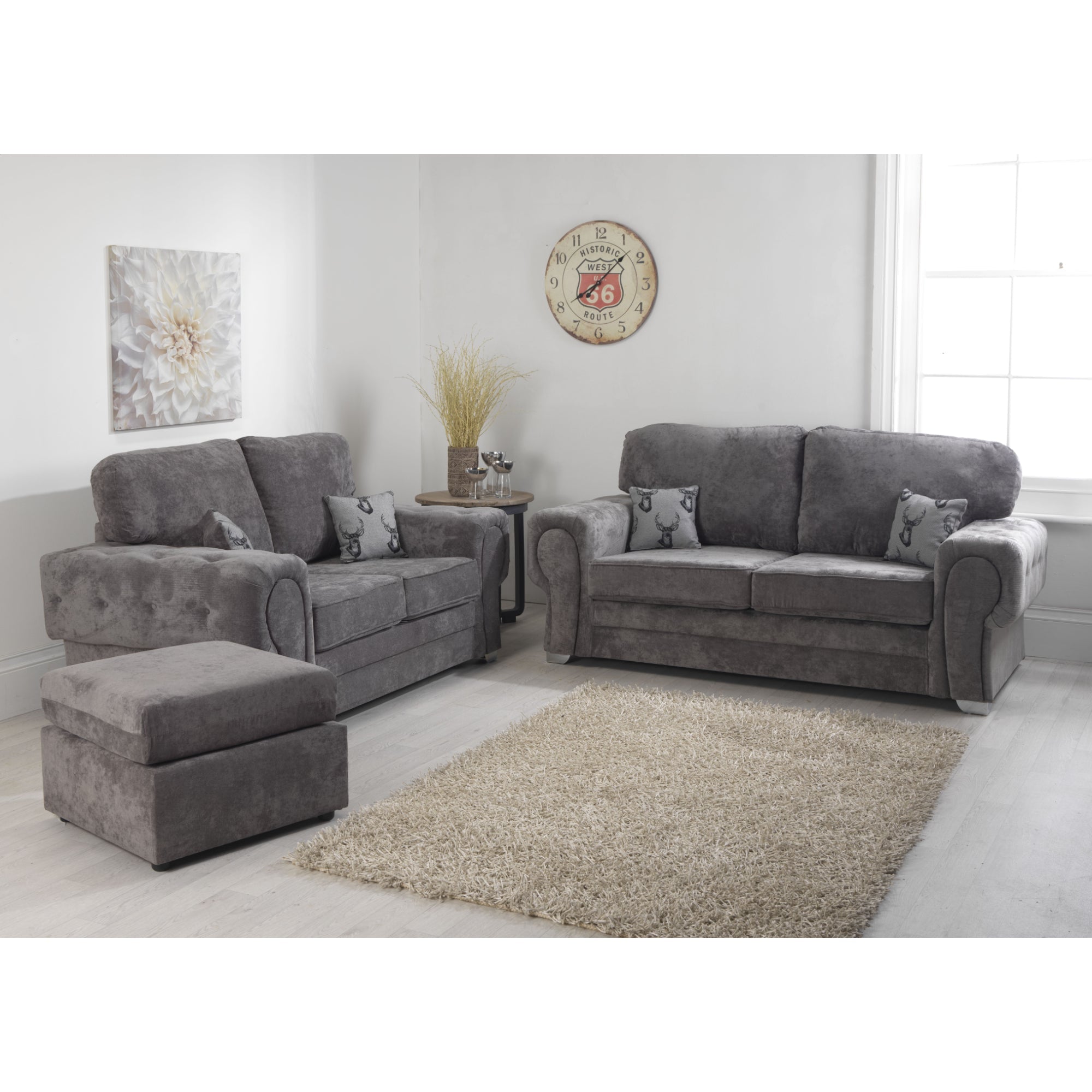 Verrina Chenille Grey Sofa 3+2 Seater and Footstool