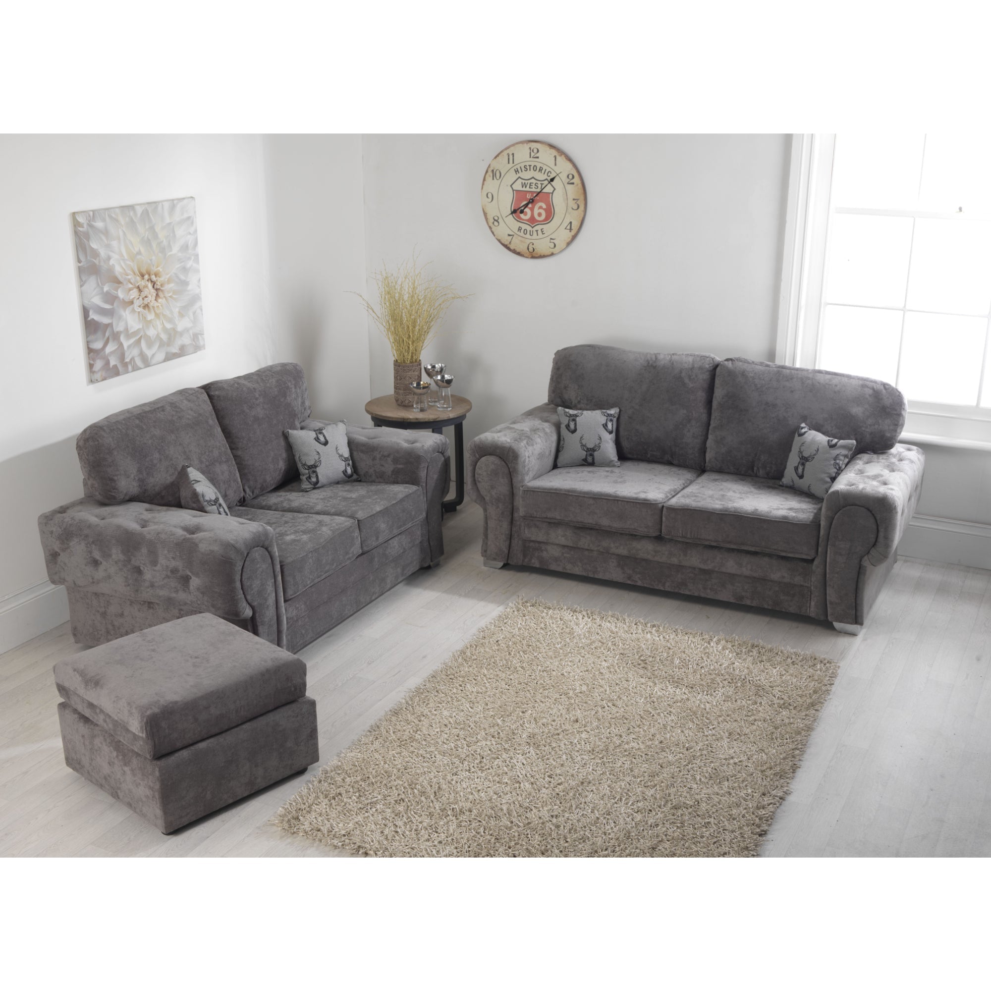 Verrina Chenille Grey Sofa 3+2 Seater and Footstool